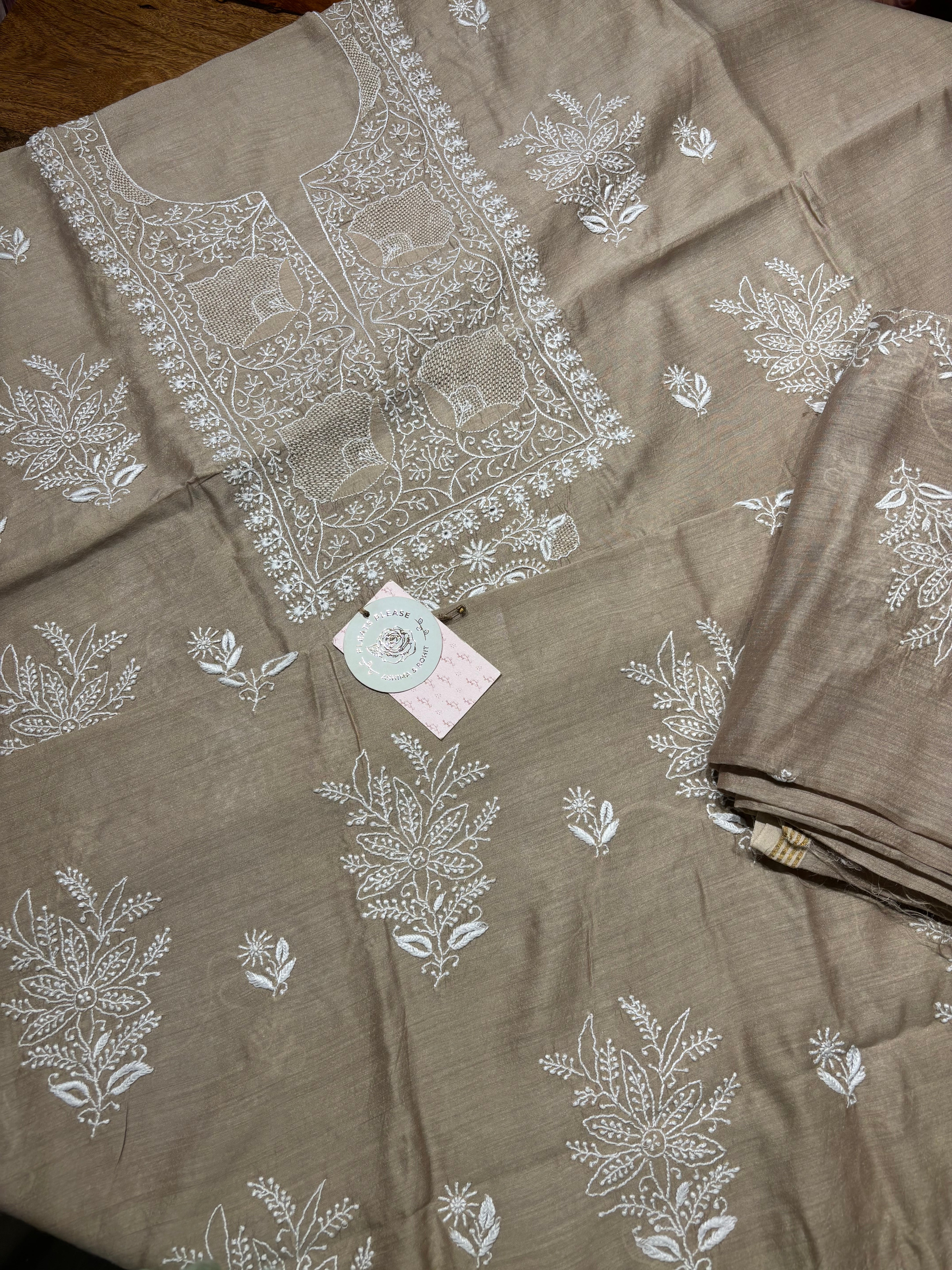 Champagne Beige Monga Silk Chikankari Kurta And Dupatta Fabric