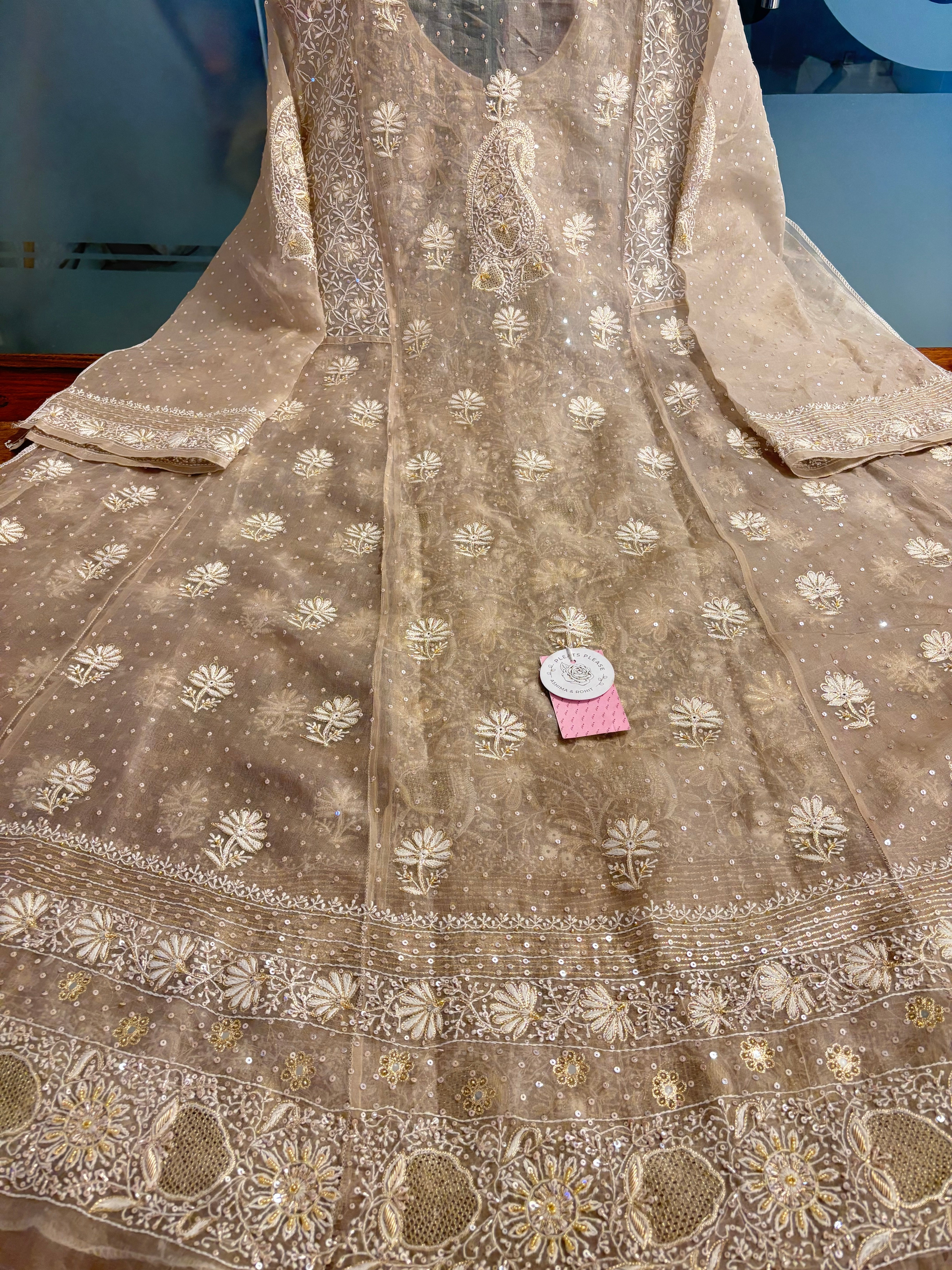Deep Sand Organza Chikankari Anarkali & Dupatta Set - Pleats PleaseChikankari