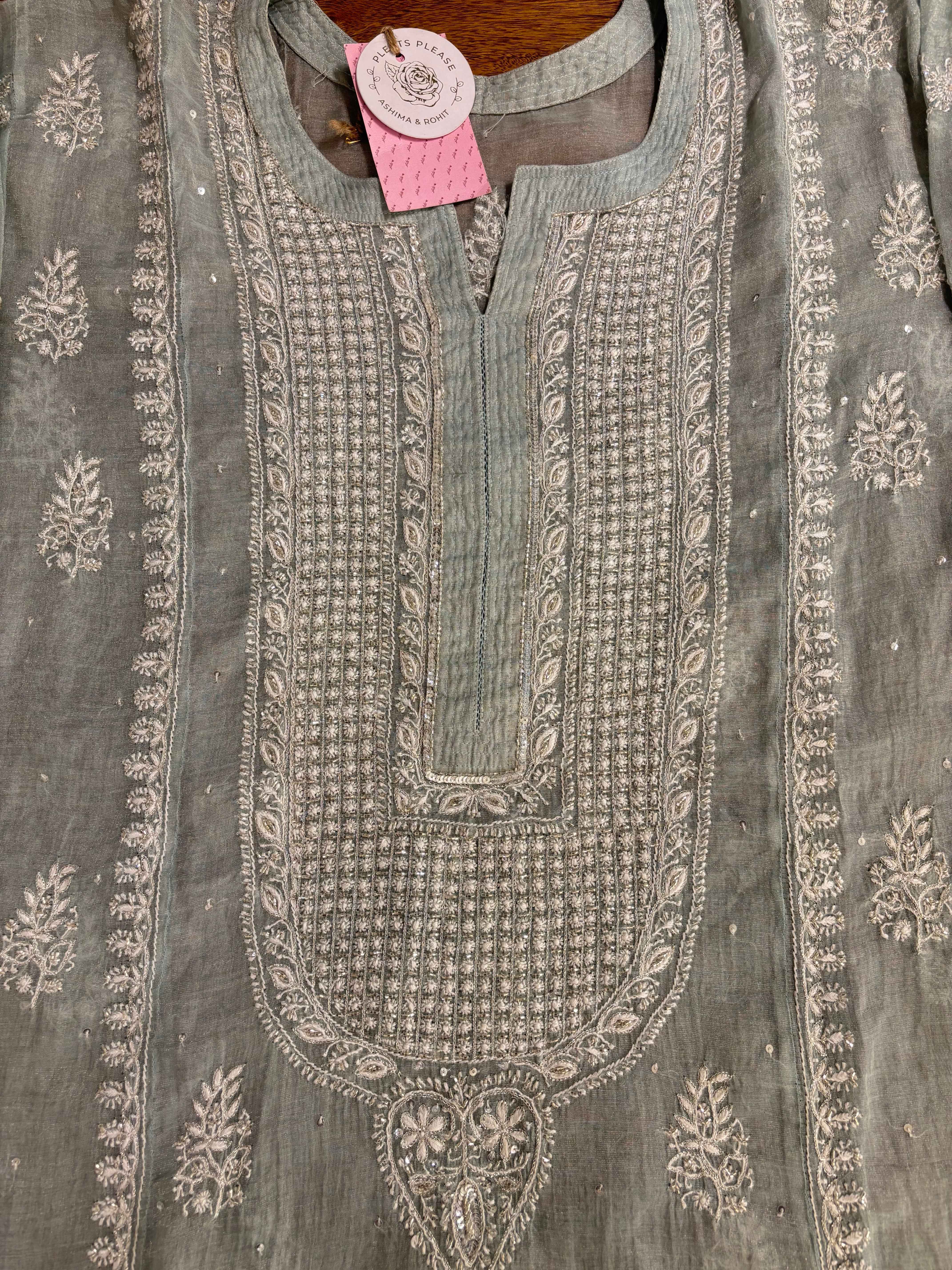 Pastel Sage Green Pure & Premium Tissue Chikankari Kurta & Dupatta