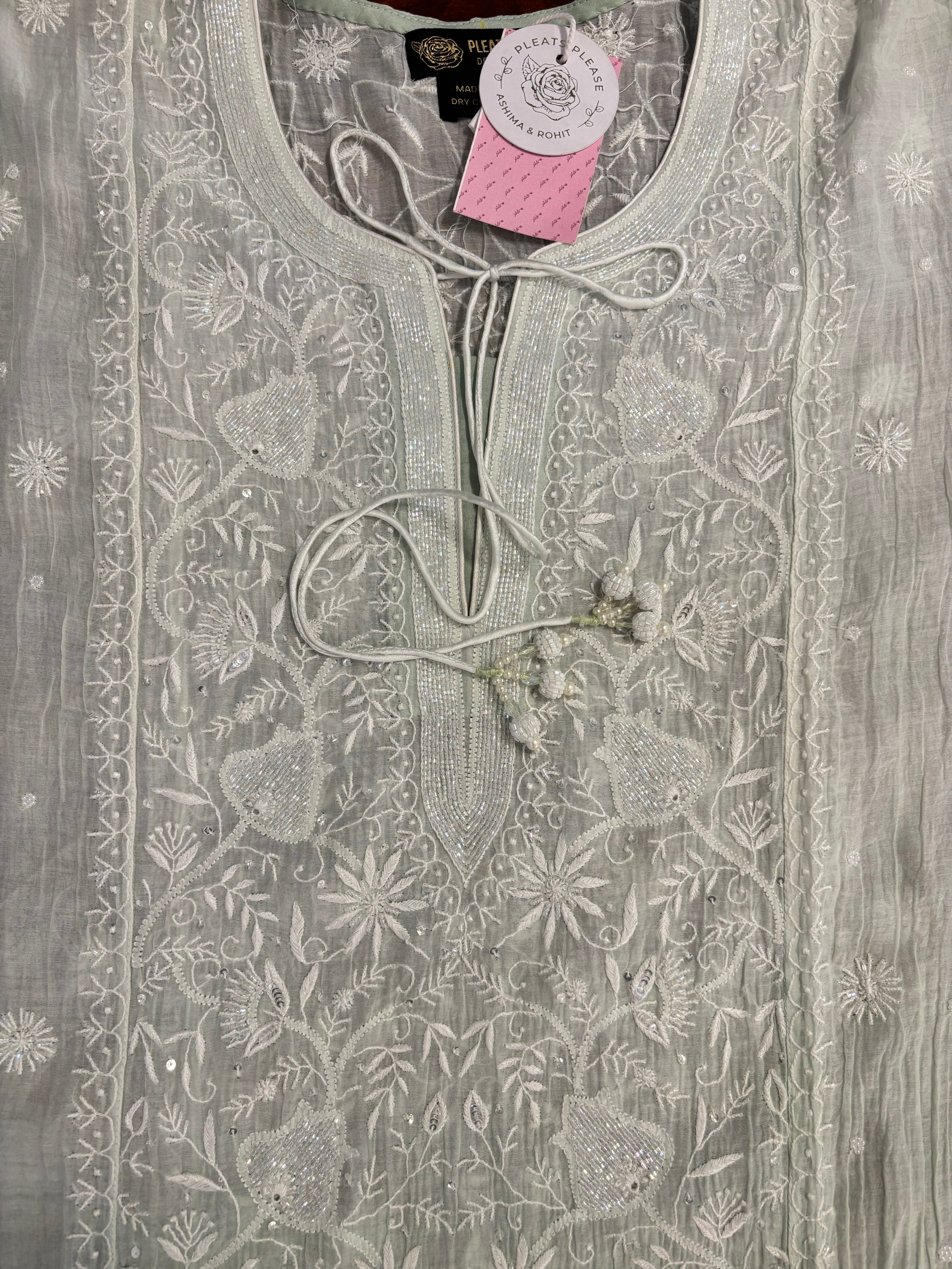 Sage Green Ombré Chanderi Mul Chikankari Kurta & Dupatta With Bottom