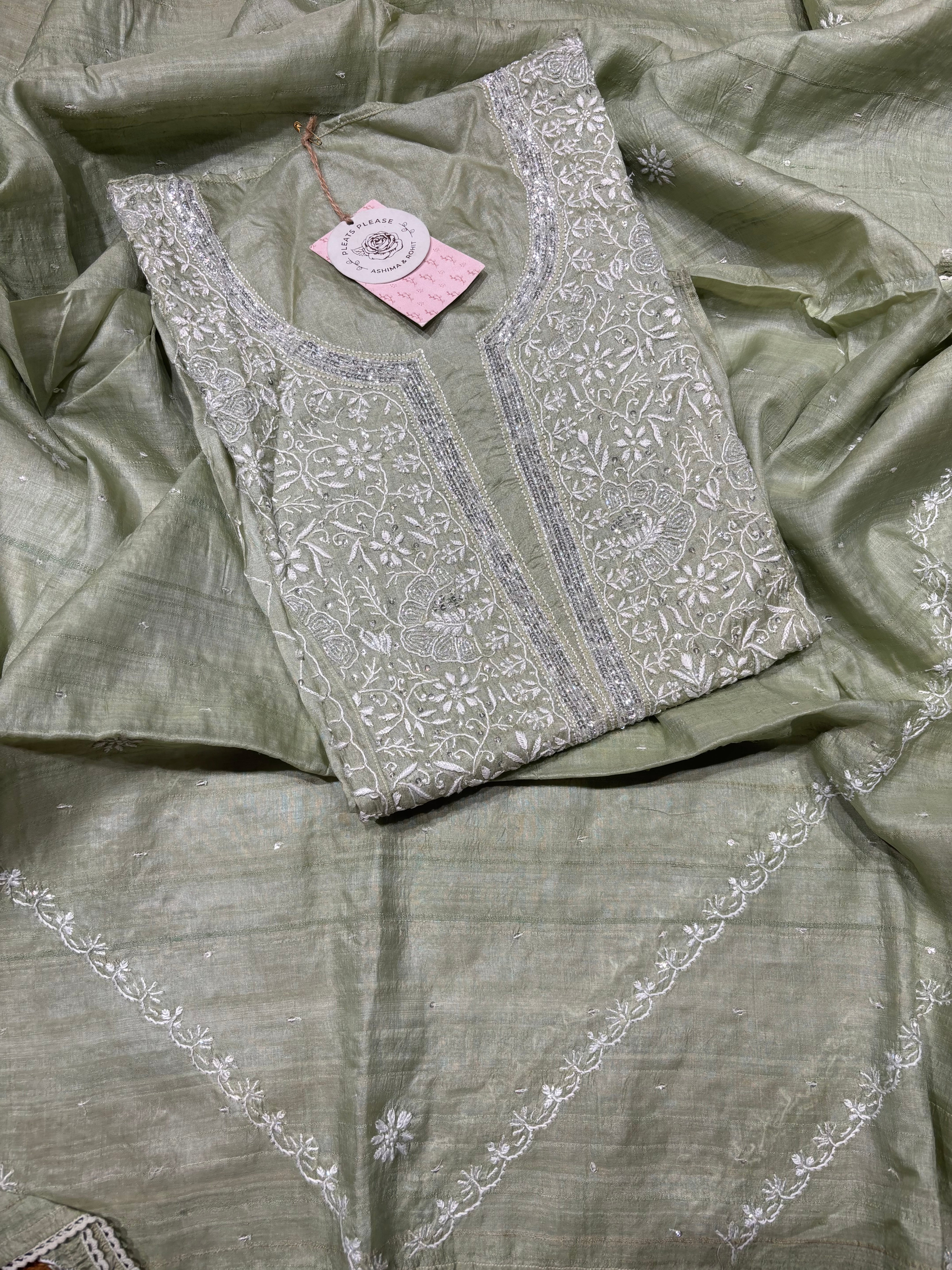 Sage Green Tussar Silk Chikankari Kurta And Dupatta Set