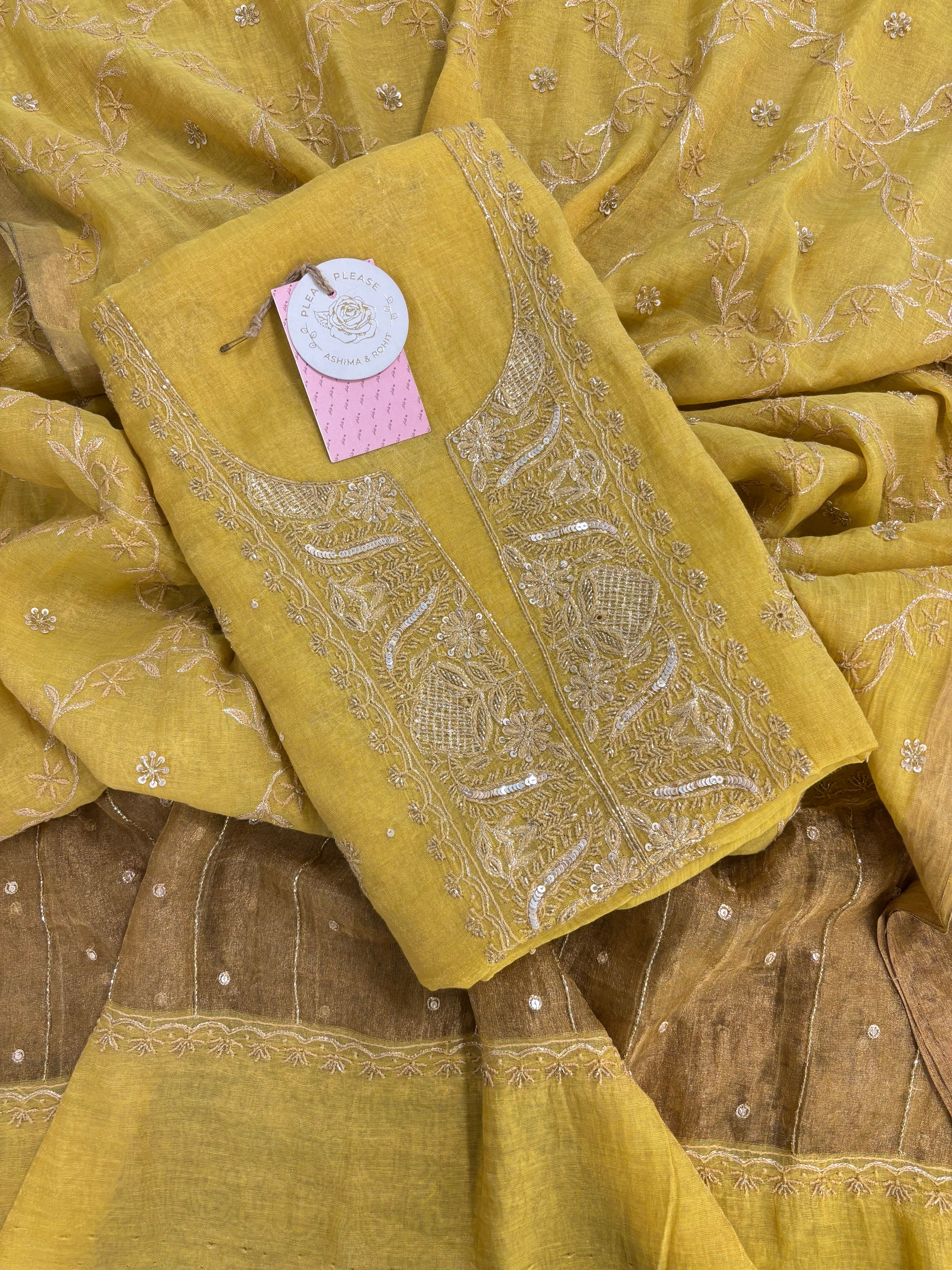 Yellow Pure & Premium Tissue Chikankari Kurta & Dupatta