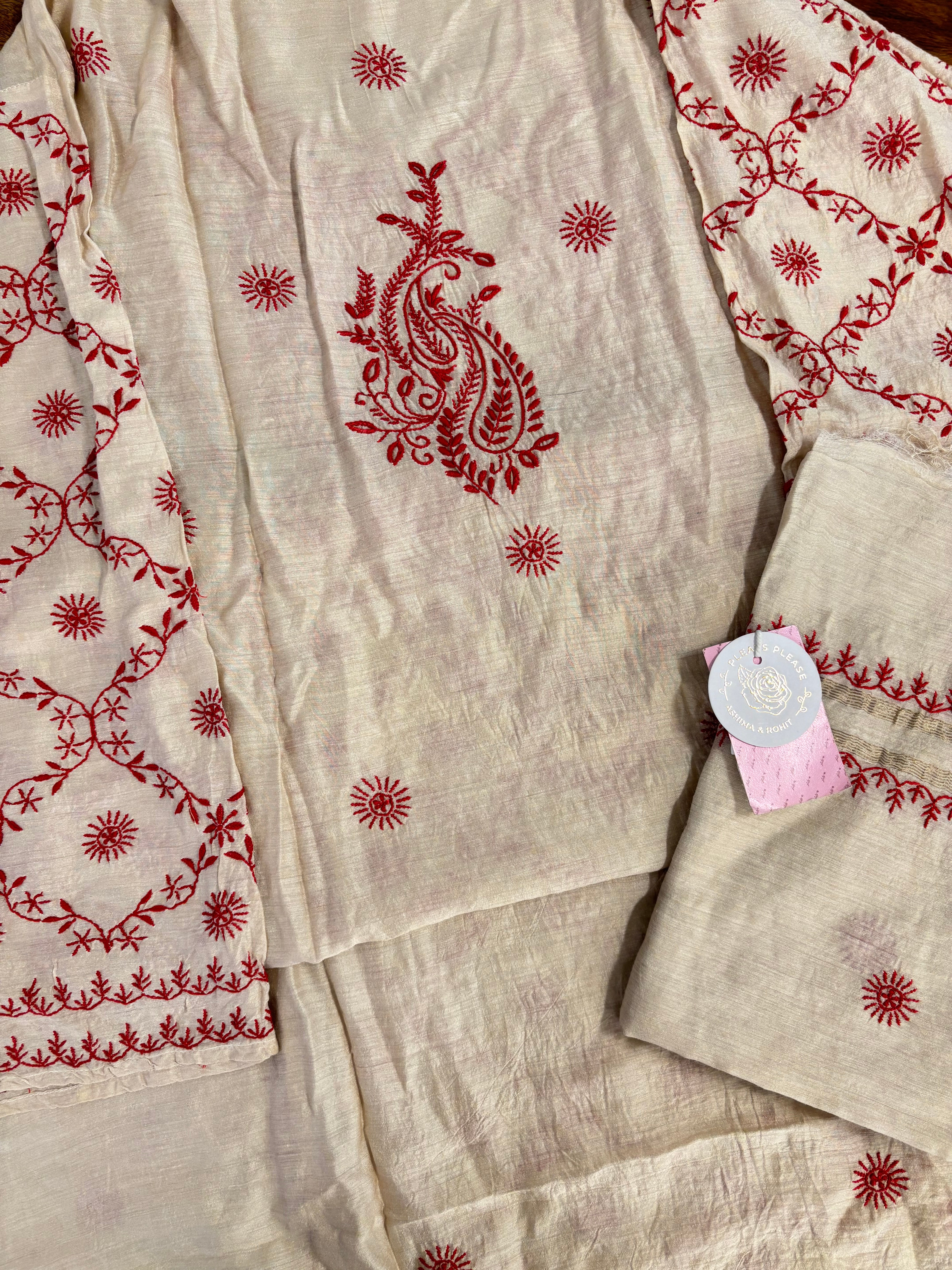 Dyeable Munga Silk Chikankari Kurta & Dupatta Set