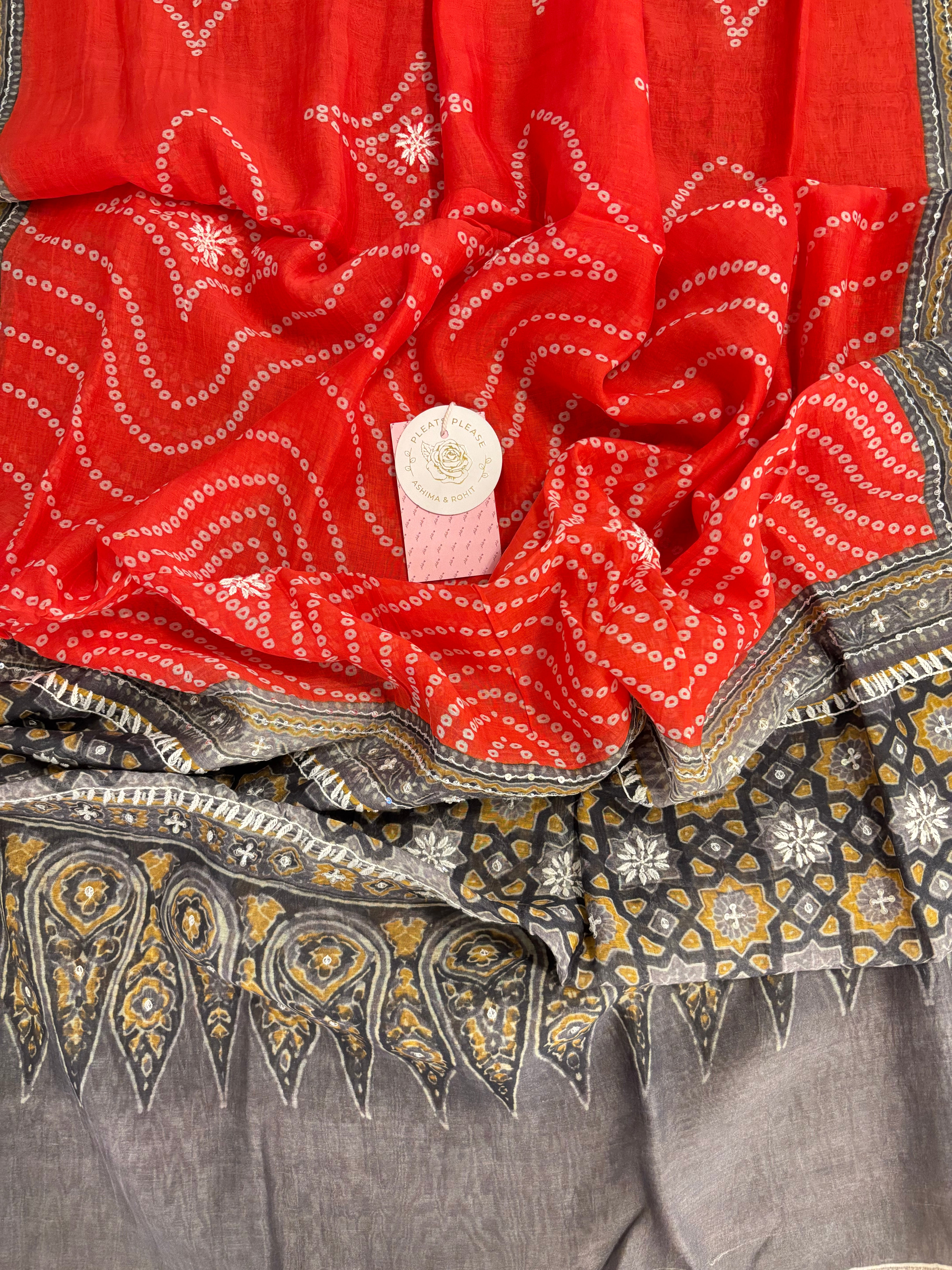Coral Peach Chanderi Mul Bandhej Chikankari Kurta & Dupatta - Pleats PleaseChikankari