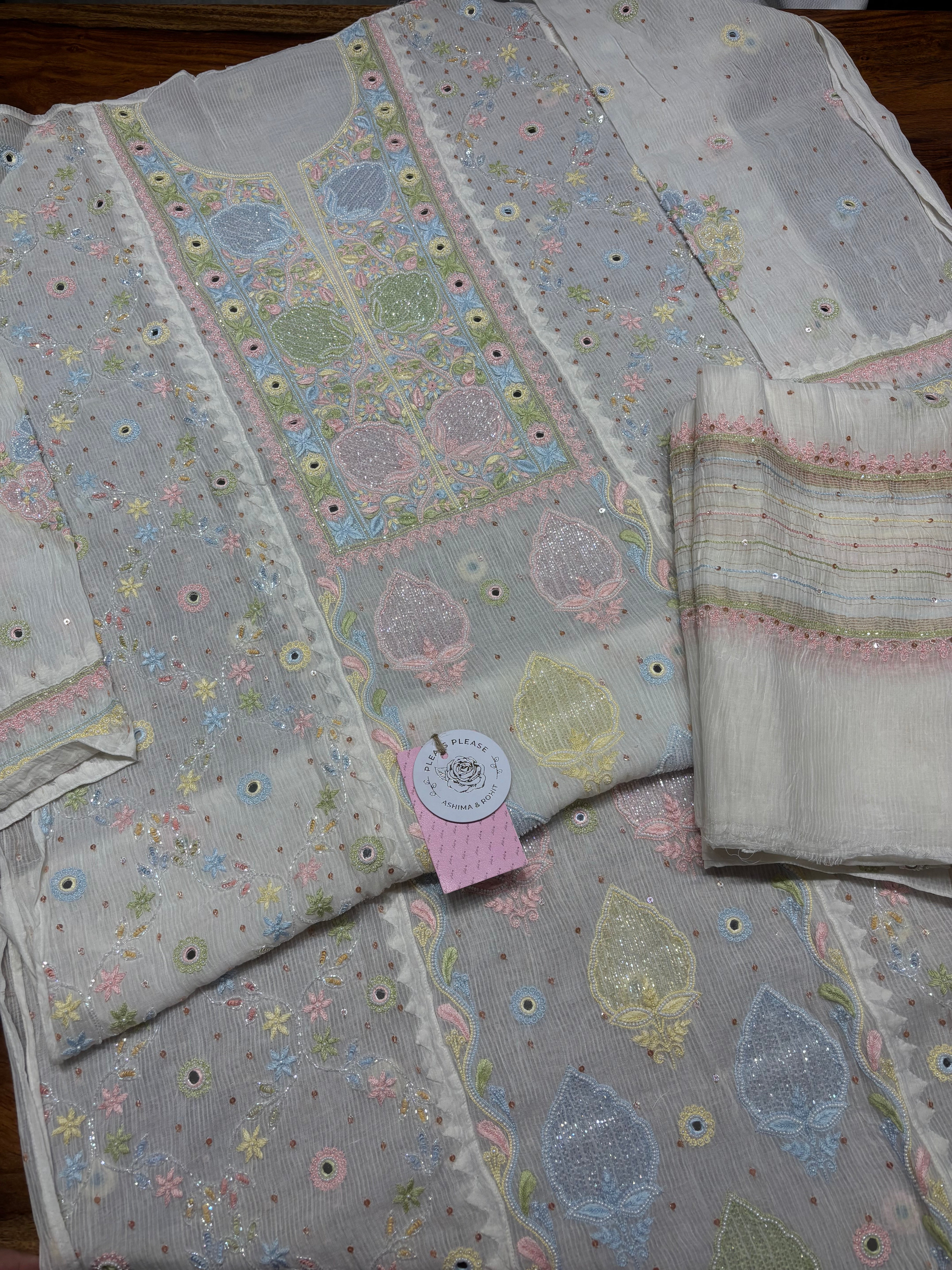 Dyeable Chanderi Maheshwari Multicolour Chikankari Kurta & Dupatta Set - Pleats PleaseChikankari