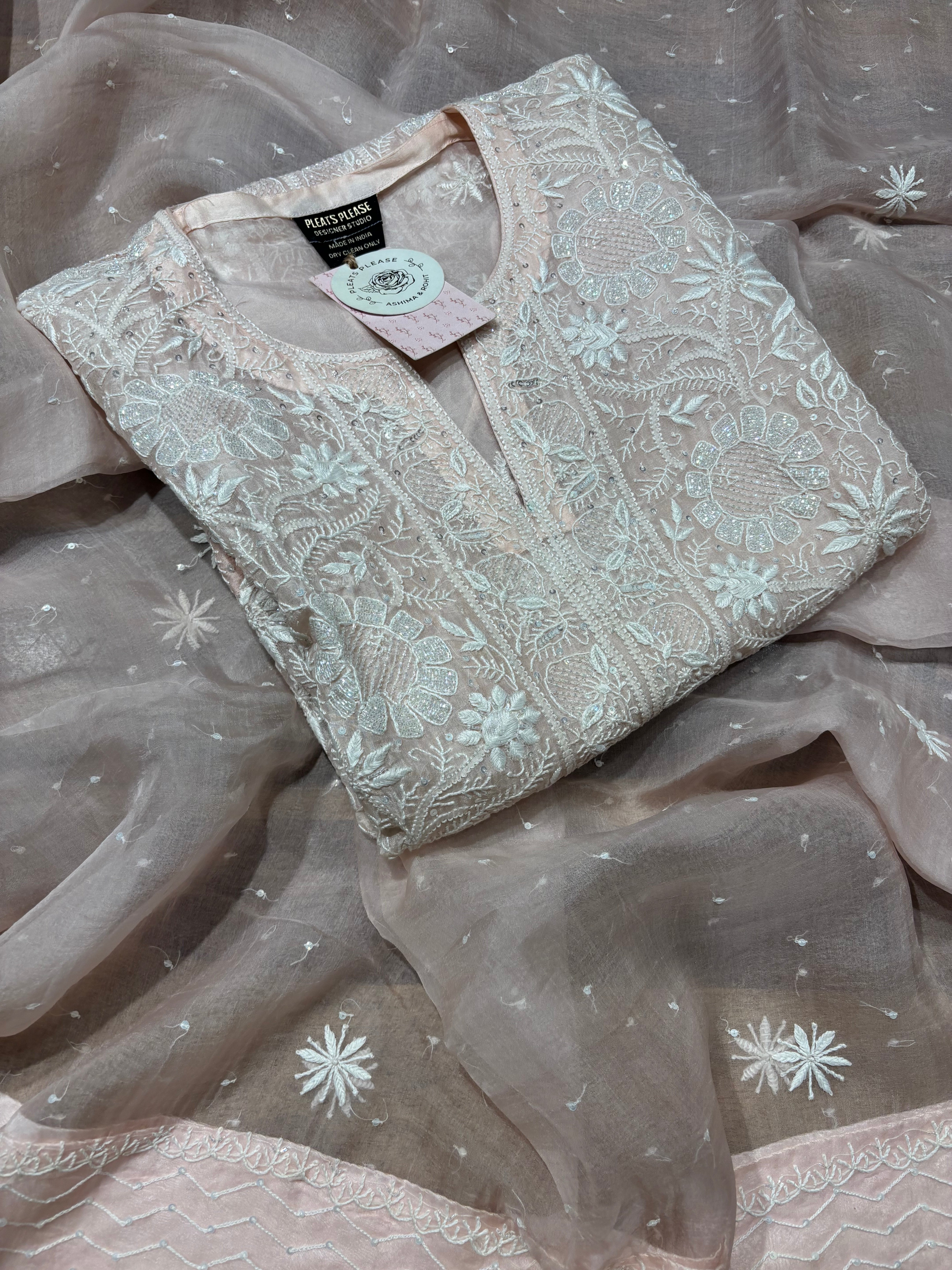 Soft Pink Organza Chikankari Kurta and Dupatta set
