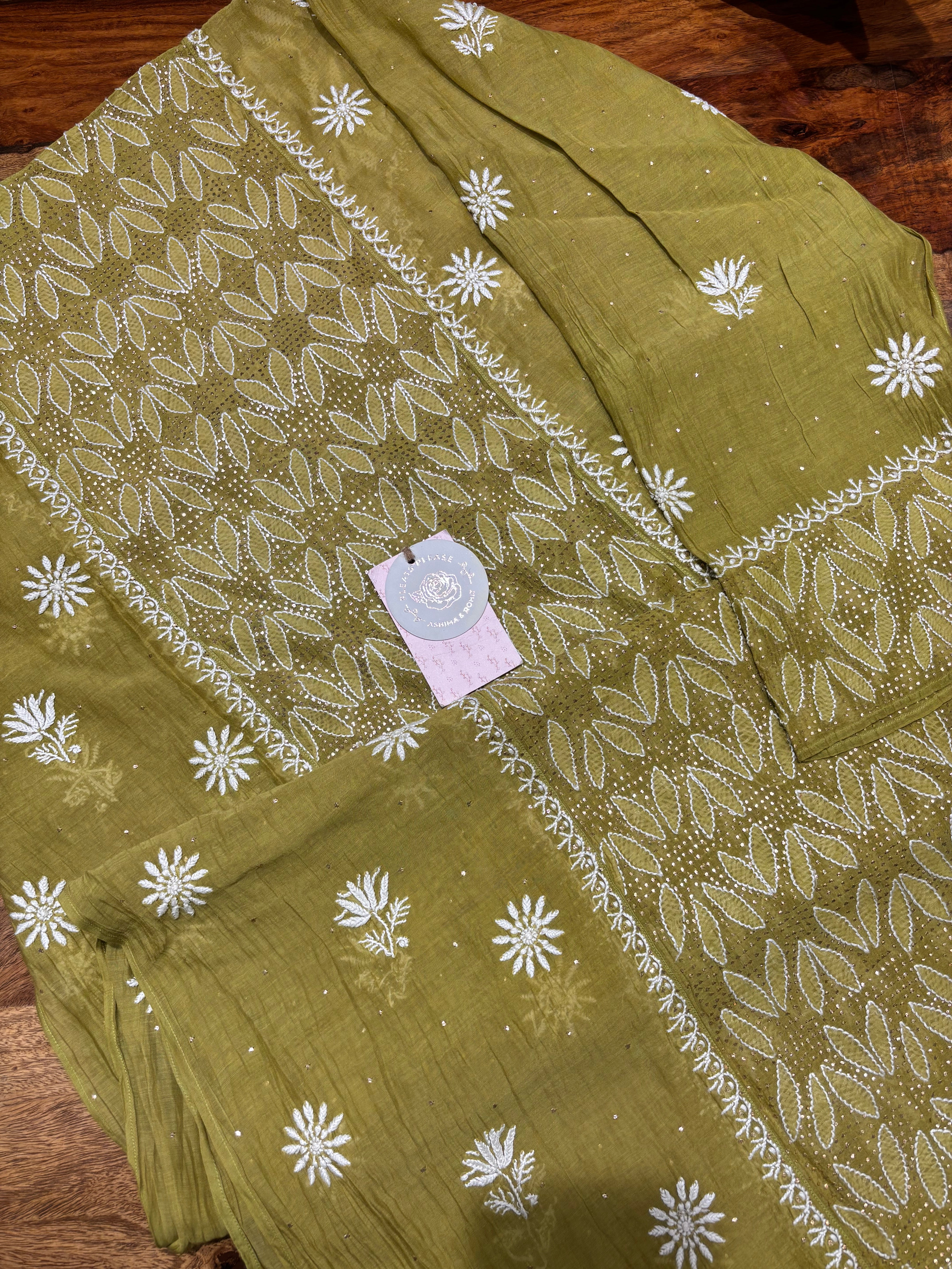 Dhani Green Chanderi Mul Chikankari & Mukaish Kurta & Dupatta Set
