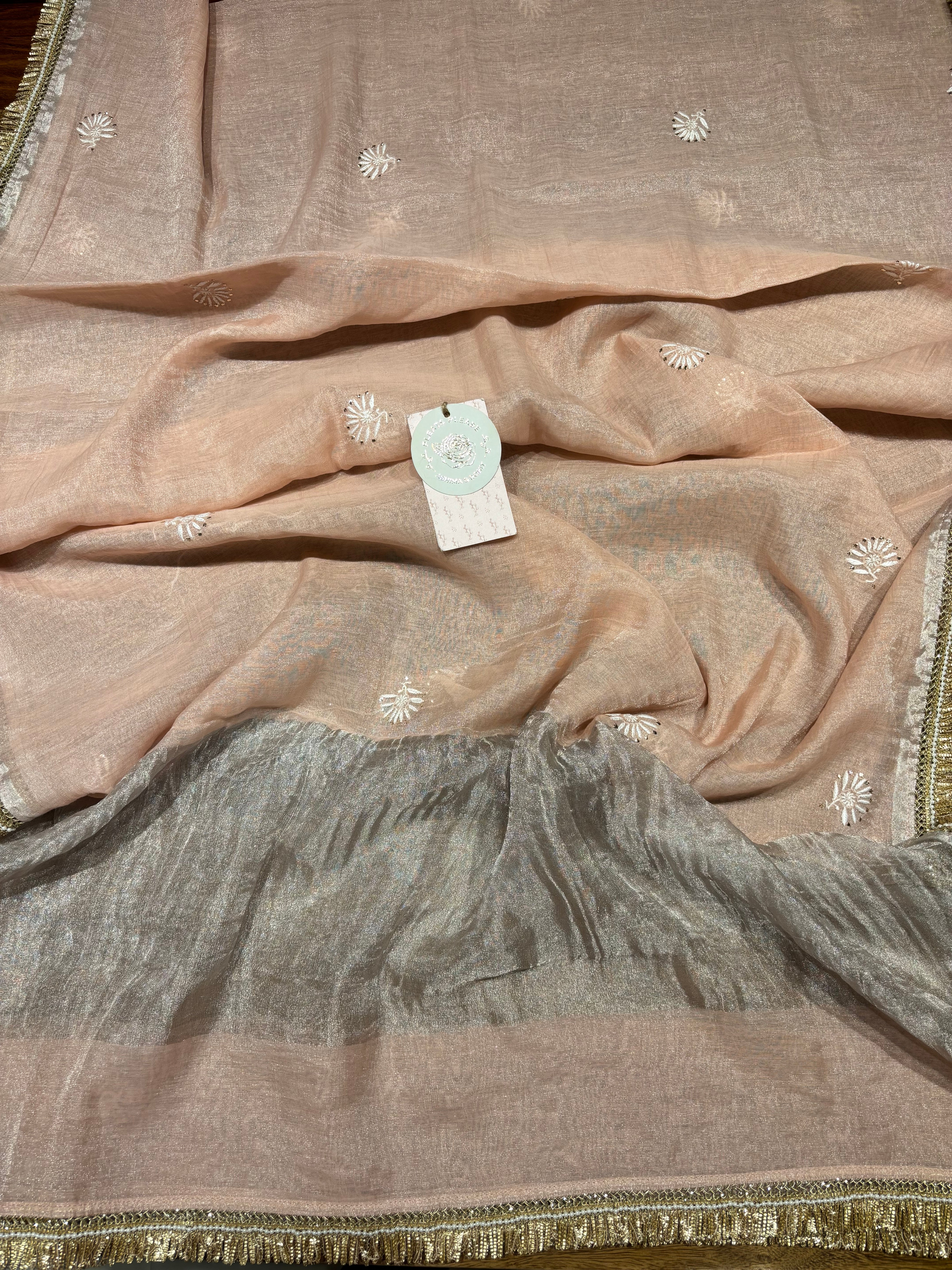 Peach Pure & Premium Tissue Chikankari Angrakha Kurta & Dupatta Set
