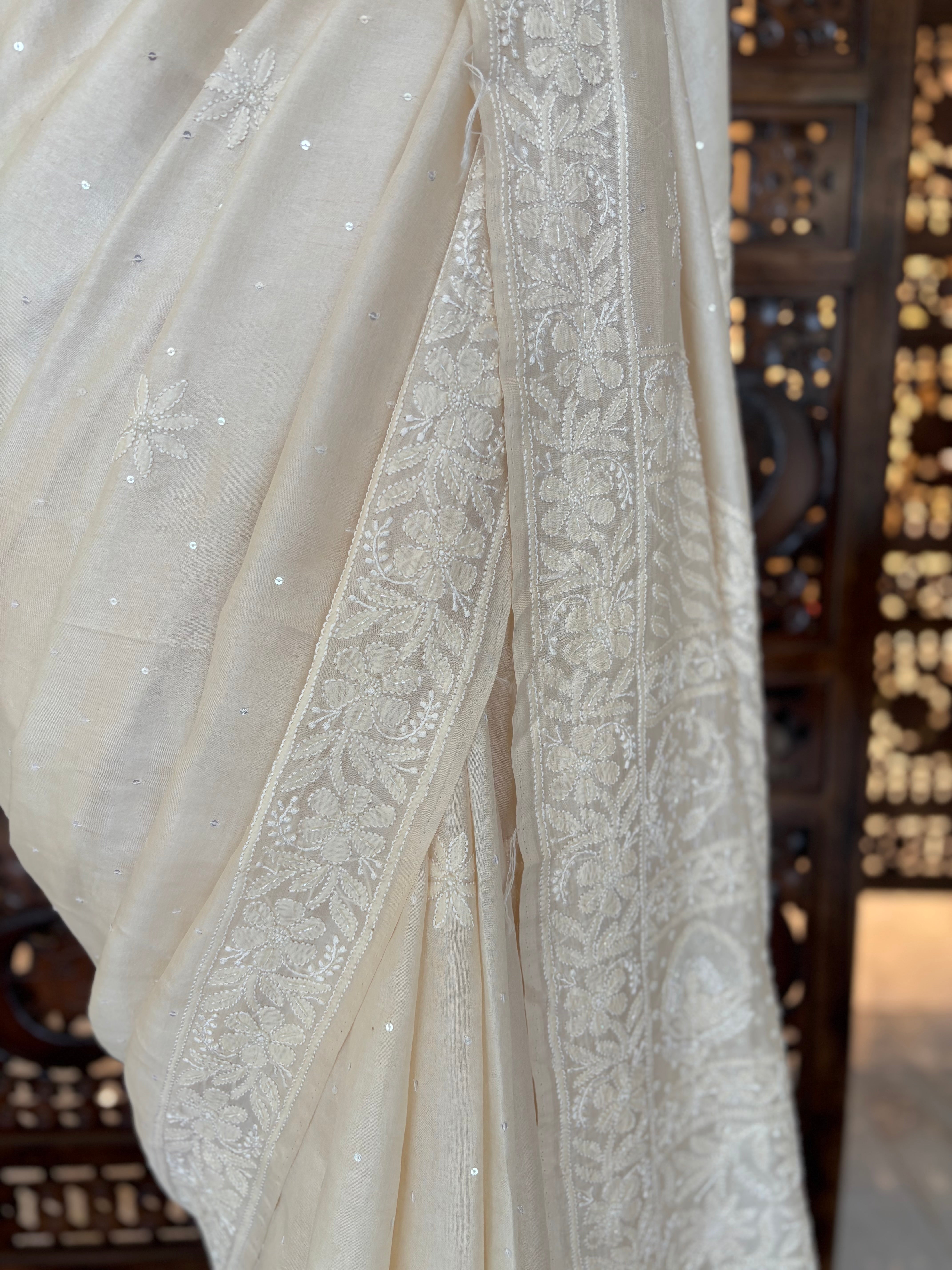 Dyeable Pure & Premium White Tussar Silk Chikankari Saree & Blouse