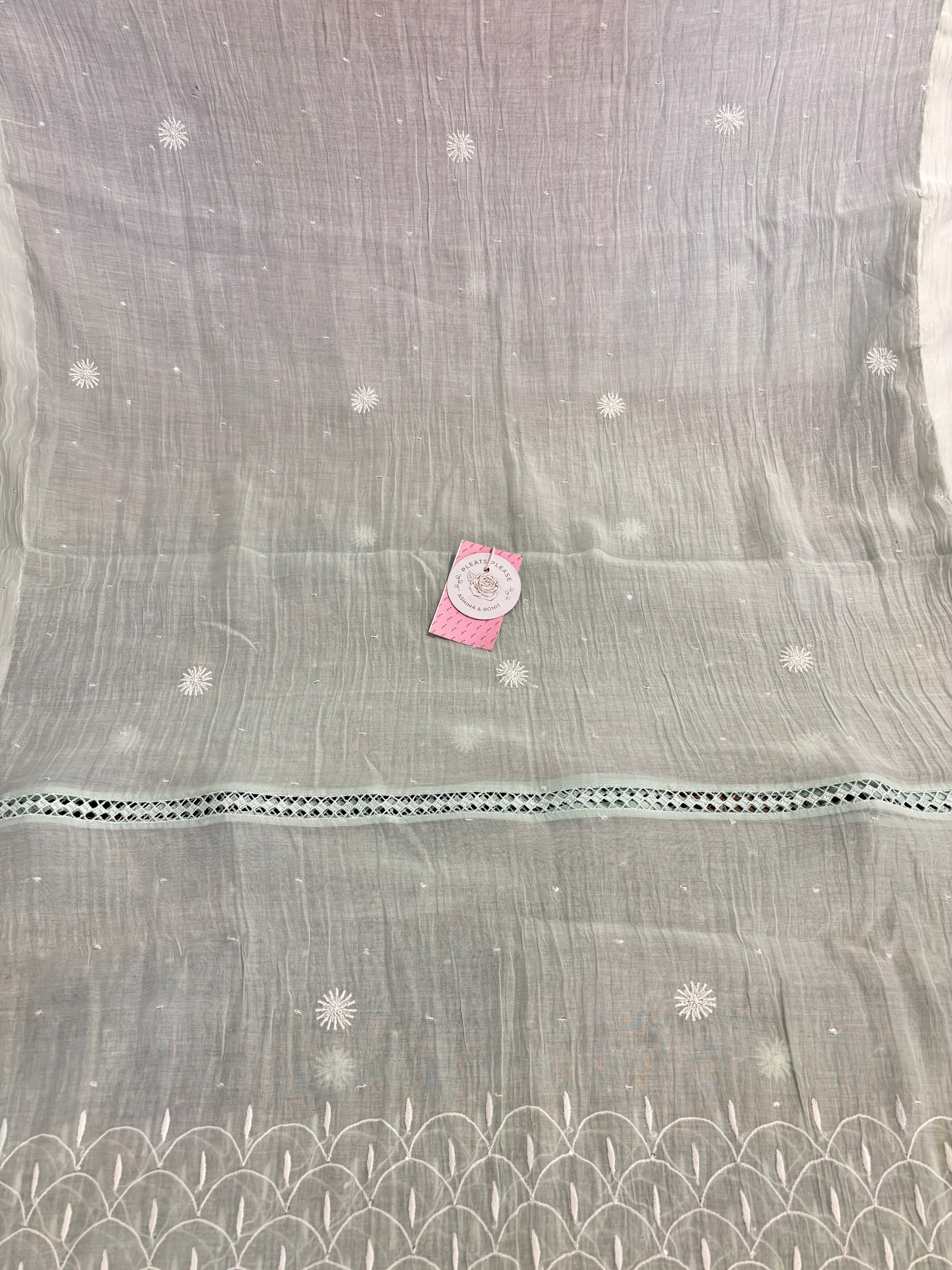 Sage Green Ombré Chanderi Mul Chikankari Kurta & Dupatta With Bottom - Pleats PleaseChikankari