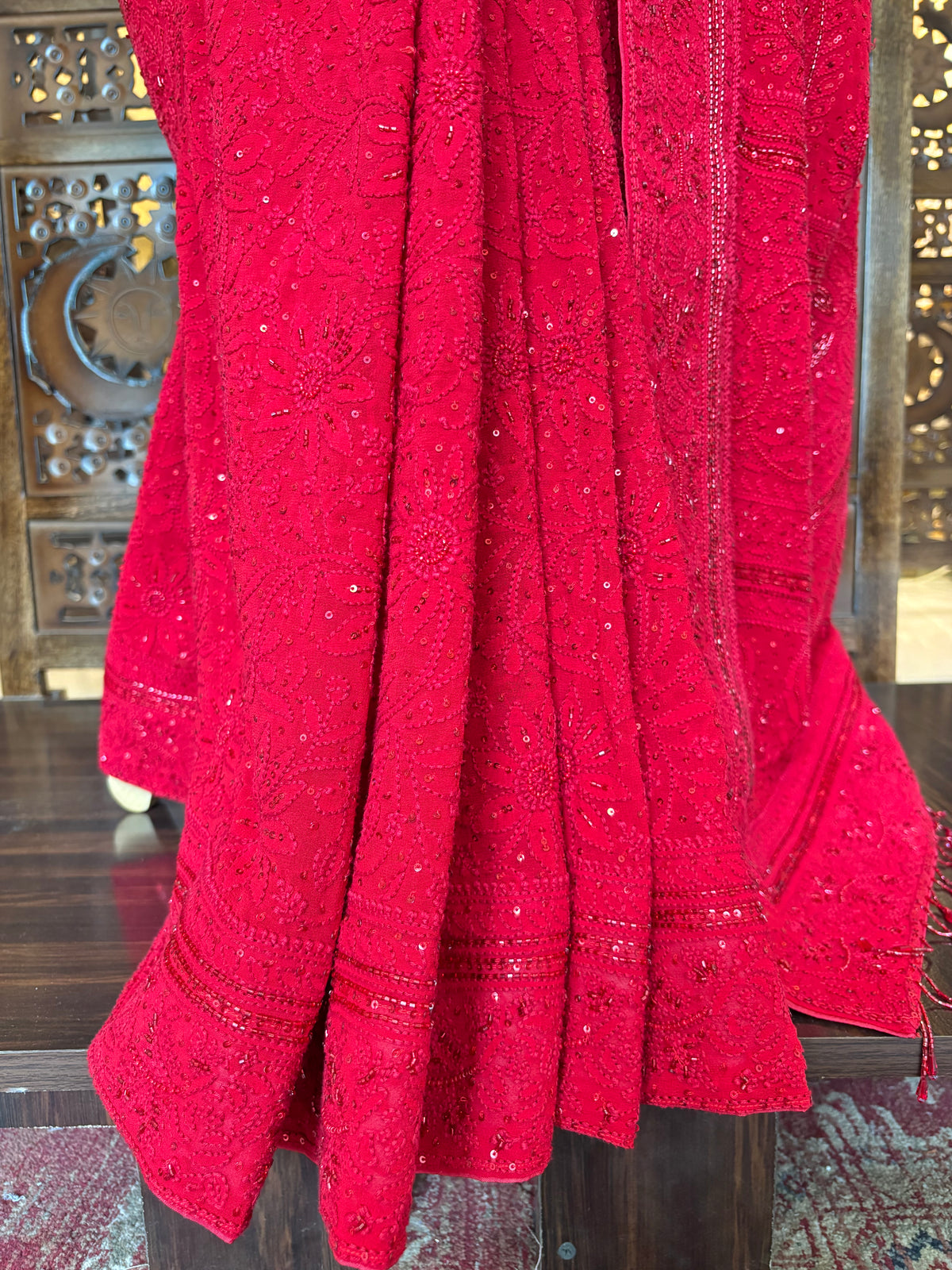 Crimson Red Pure & Premium Georgette Chikankari Saree - Pleats PleaseChikankari
