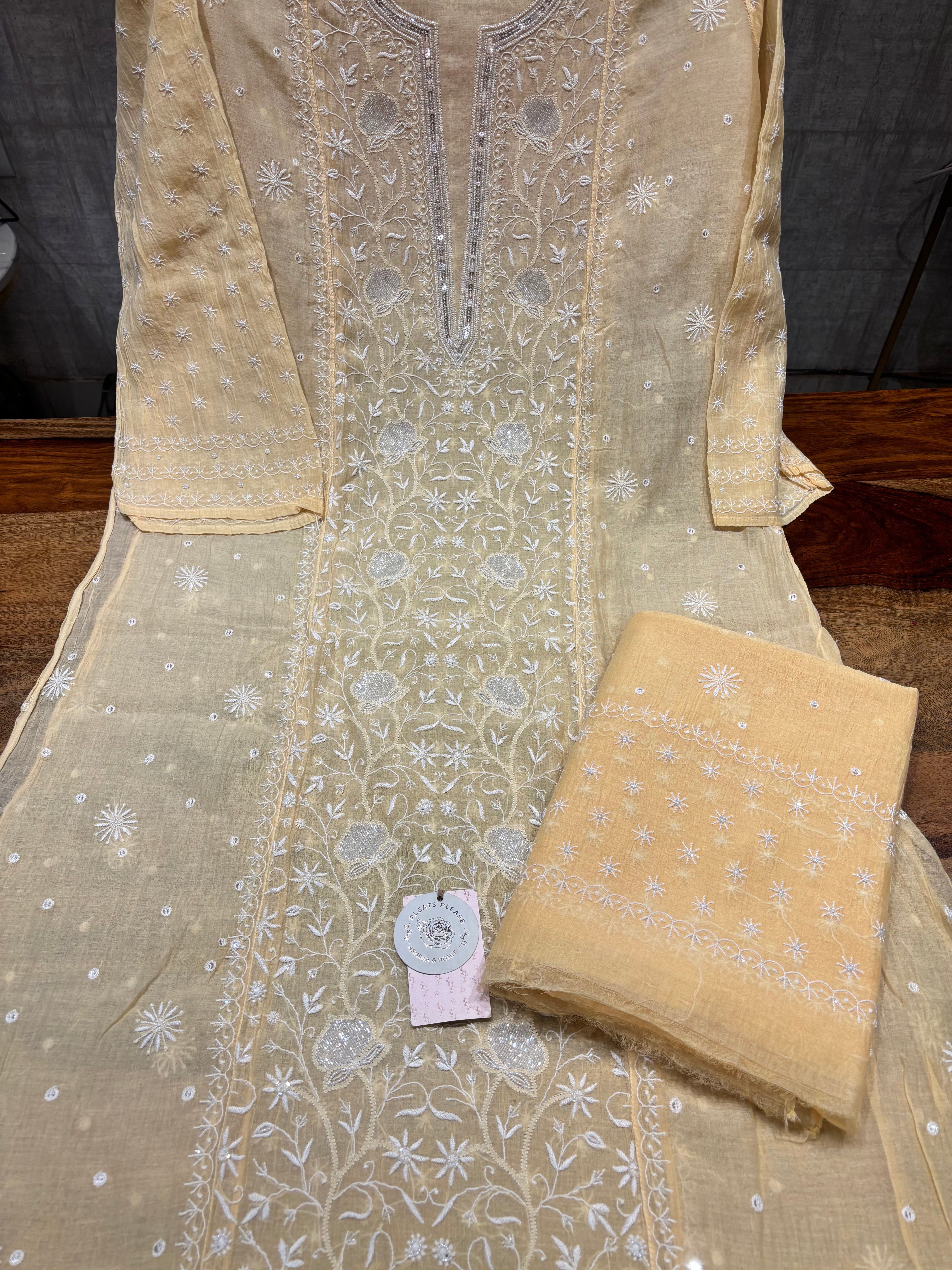 Butter Yellow Chanderi Mul Chikankari Kurta and Dupatta Set