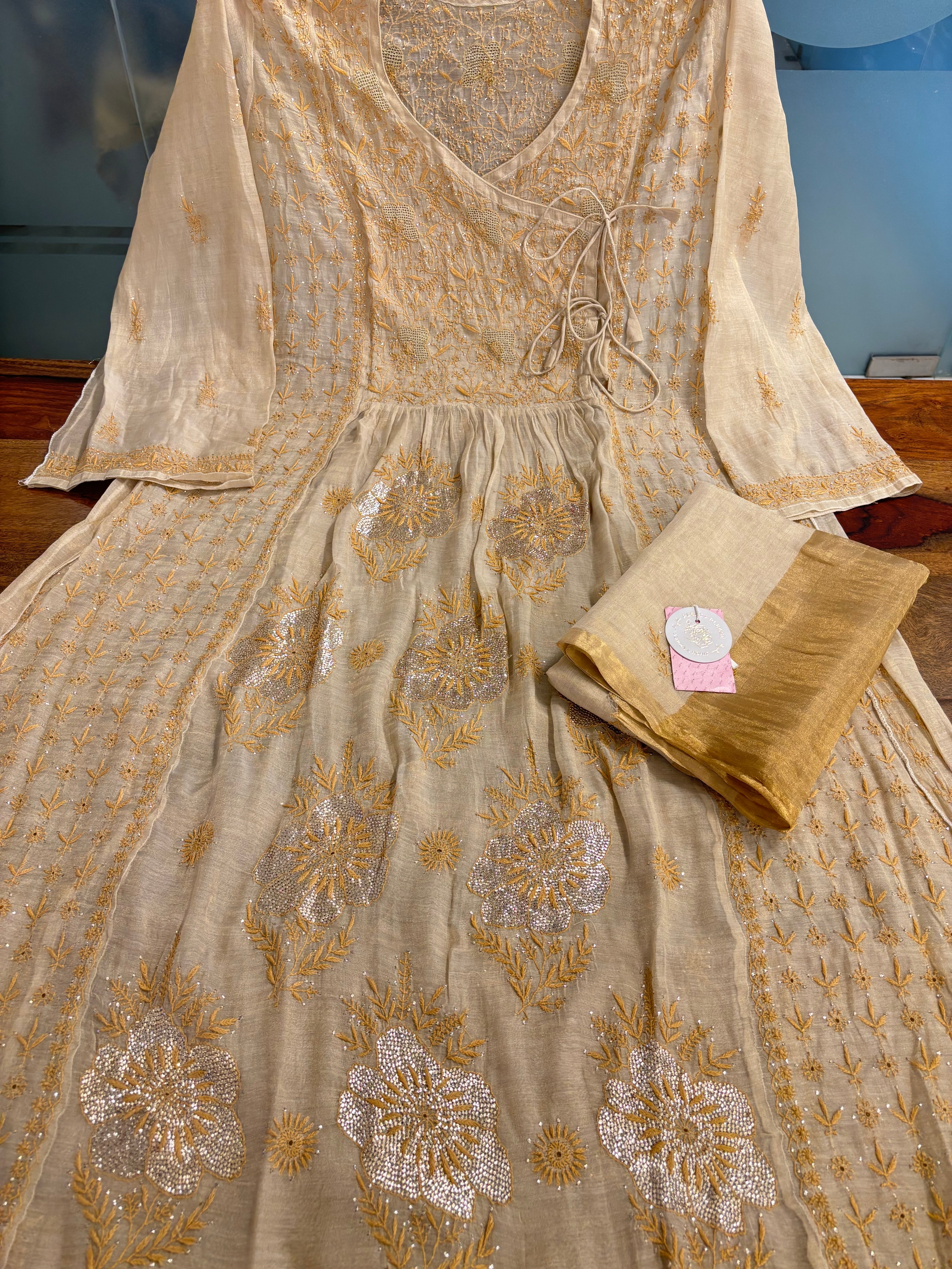 Dyeable Pure & Premium Tissue Mukaish Chikankari Angrakha Kurta & Dupatta