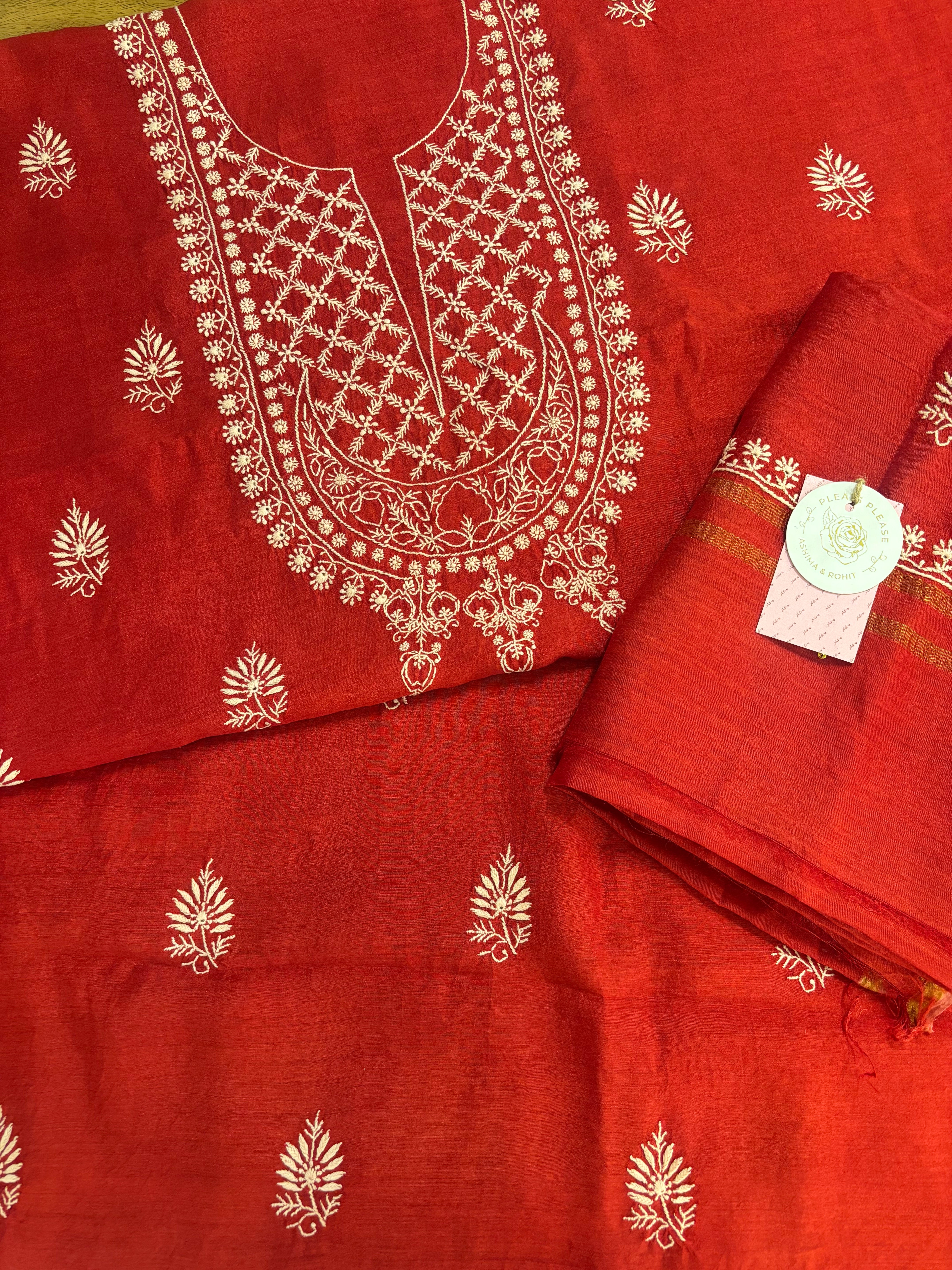 Red Monga Silk Chikankari Kurta & Dupatta
