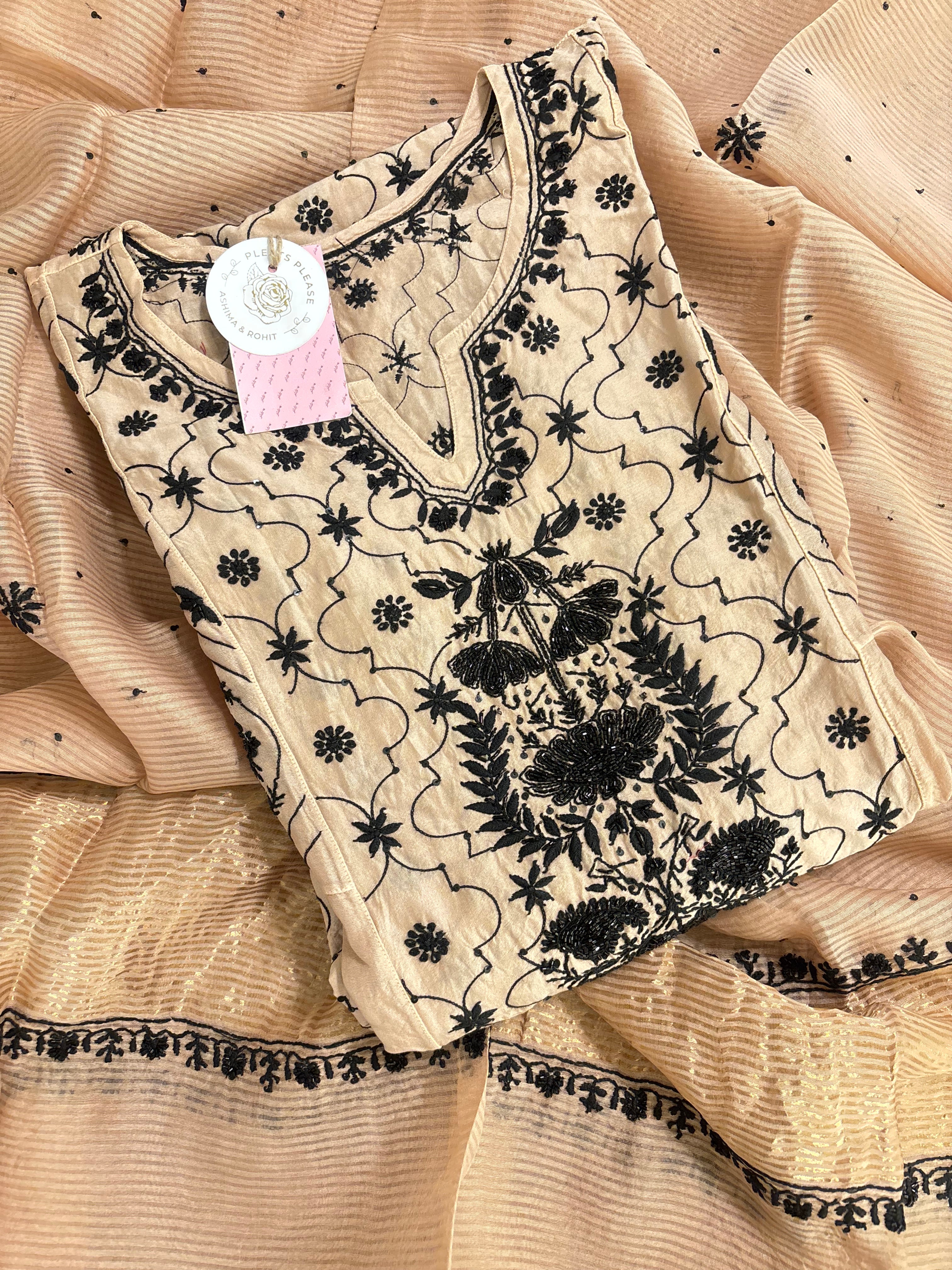 Blush Cream Chanderi Chikankari Anarkali & Dupatta Set