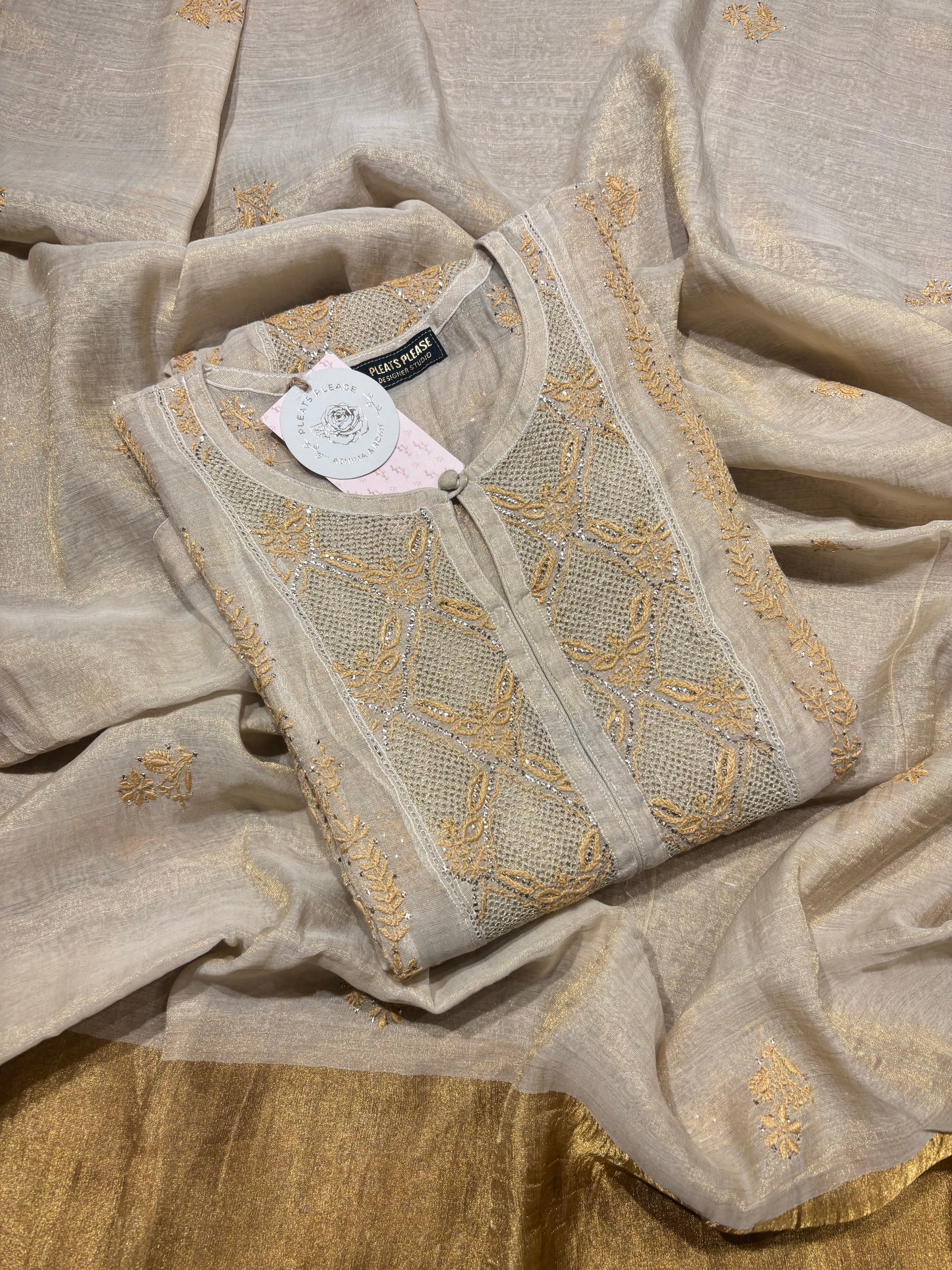 Dyeable Pure Tissue Kalidar Chikankari Kurta and Dupatta set