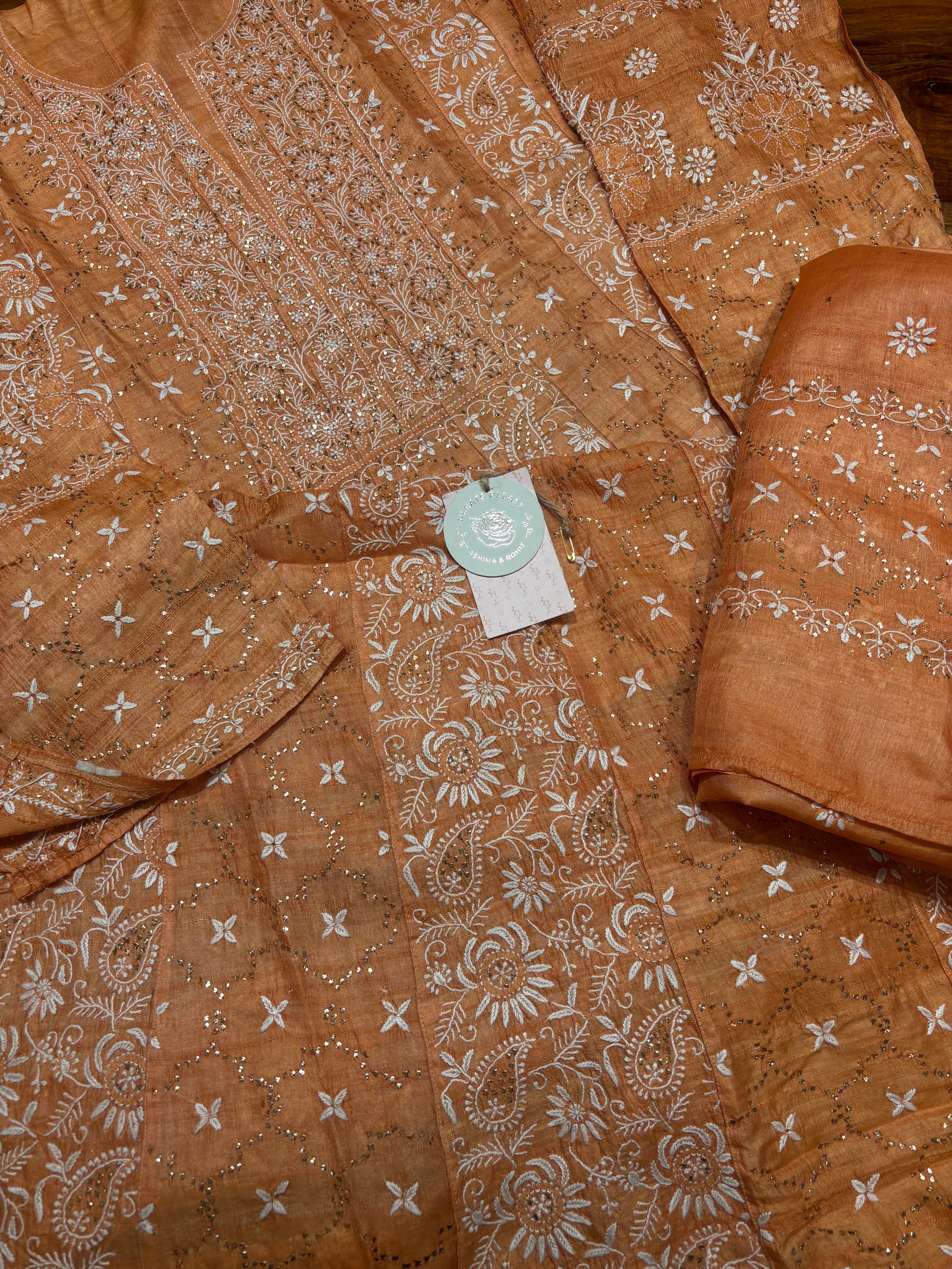 Orange Pure And Premium Tussar Silk Chikankari & Mukaish Anarkali and Dupatta Set