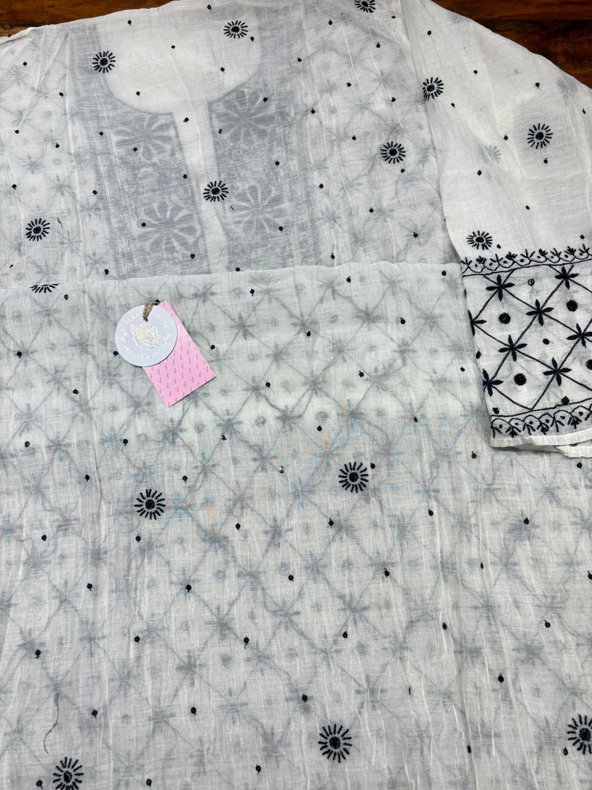 Dyeable  Black & White Chanderi Mul Chikankari Kurta & Dupatta