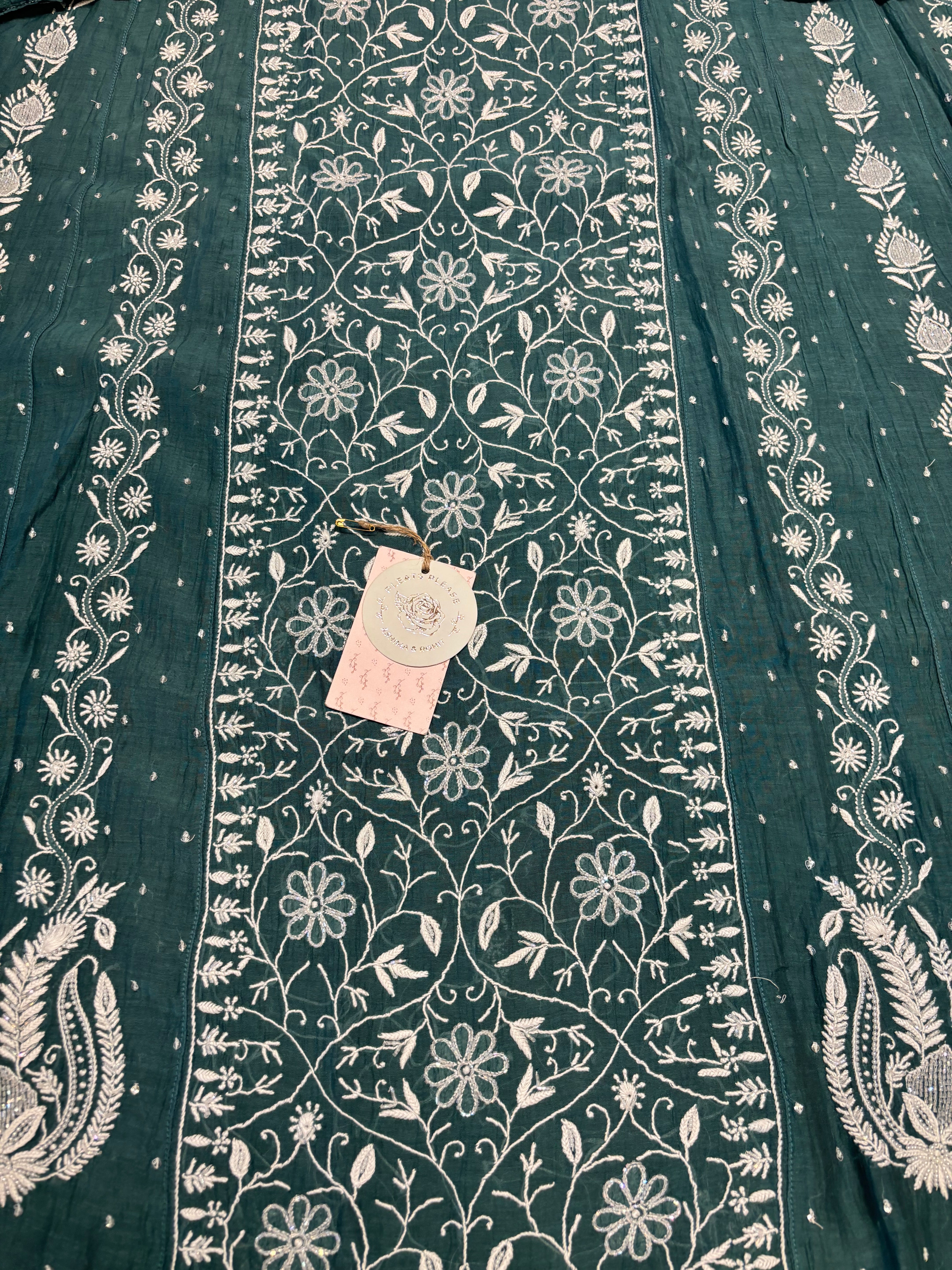 Teal Green Chanderi Mul Chikankari Anarkali and dupatta