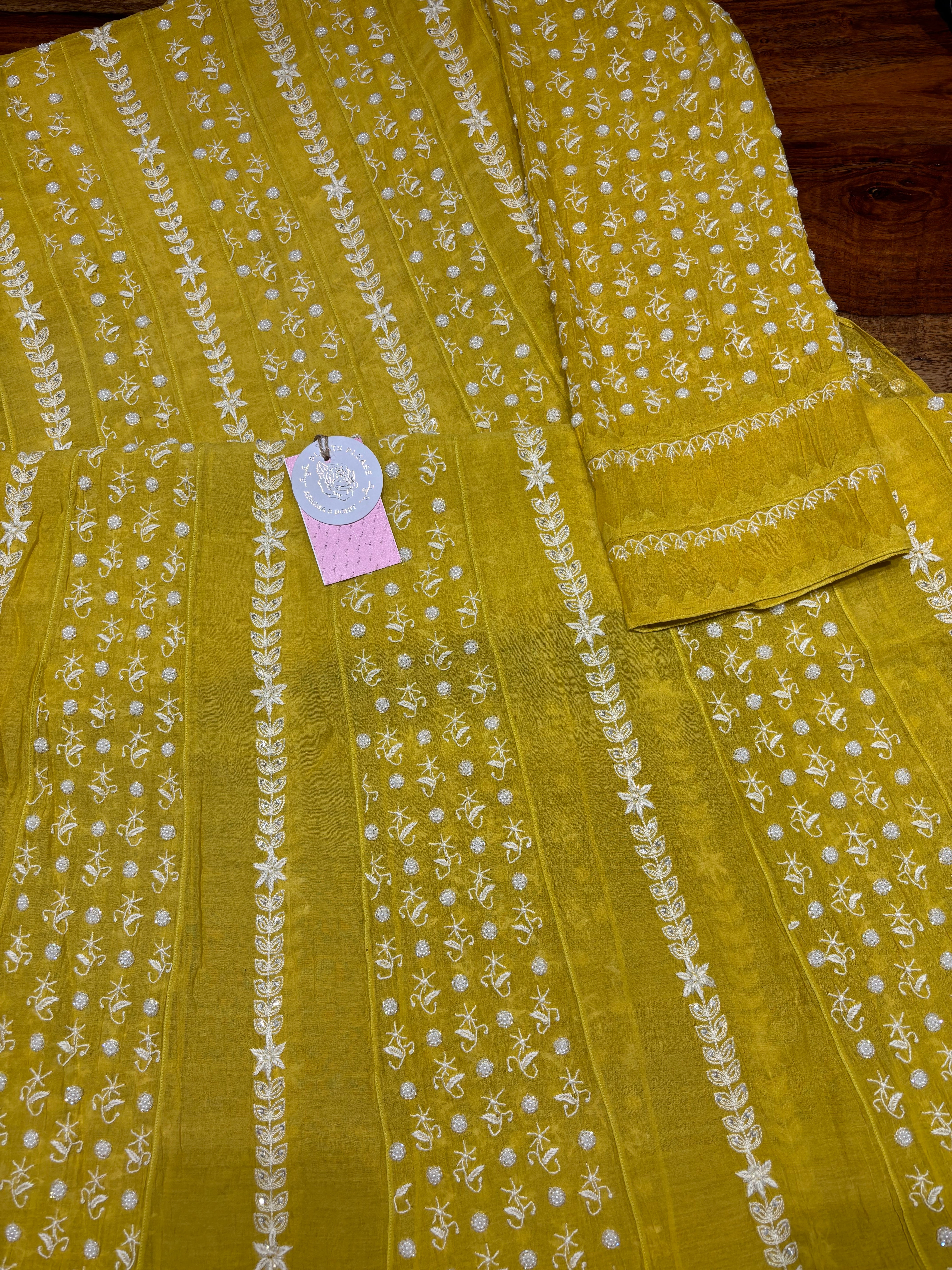 Lime Yellow Chanderi Mul Chikankari Anarkali & Dupatta Set