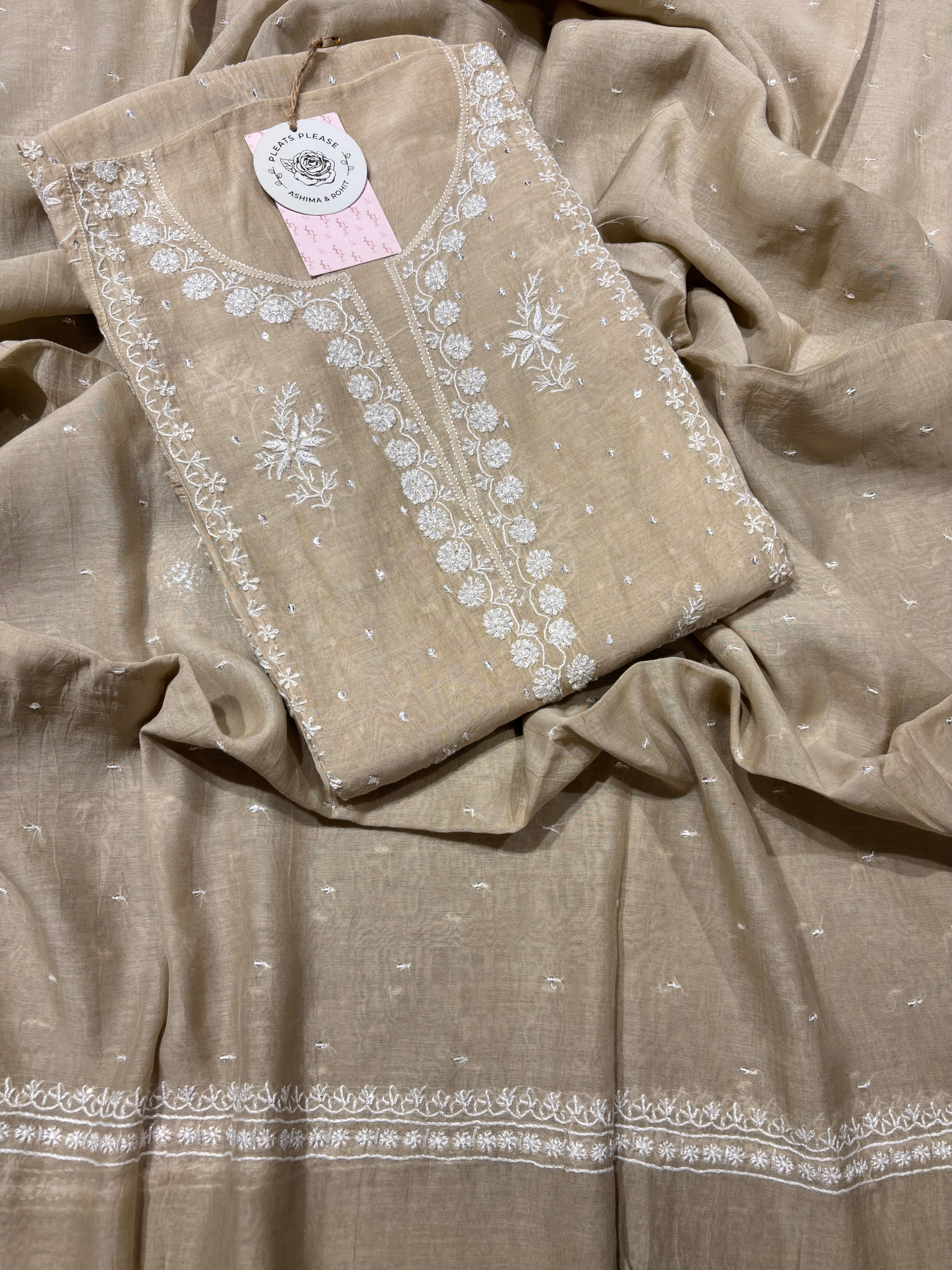 Golden Chanderi Mul Chikankari Kurta and Dupatta set
