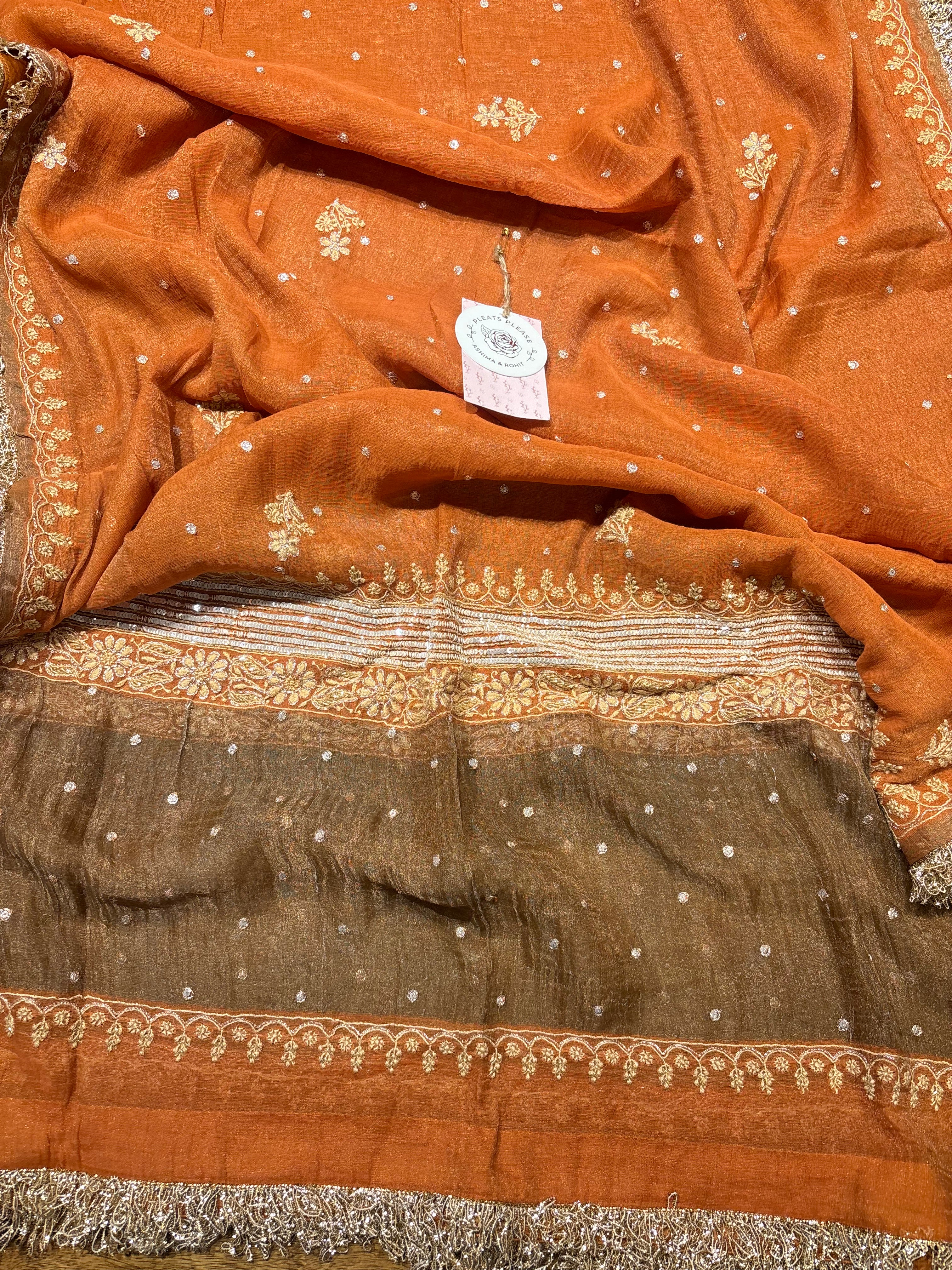 Burnt Orange Pure And Premium Tissue Chikankari Anarkali, Dupatta And Bottom