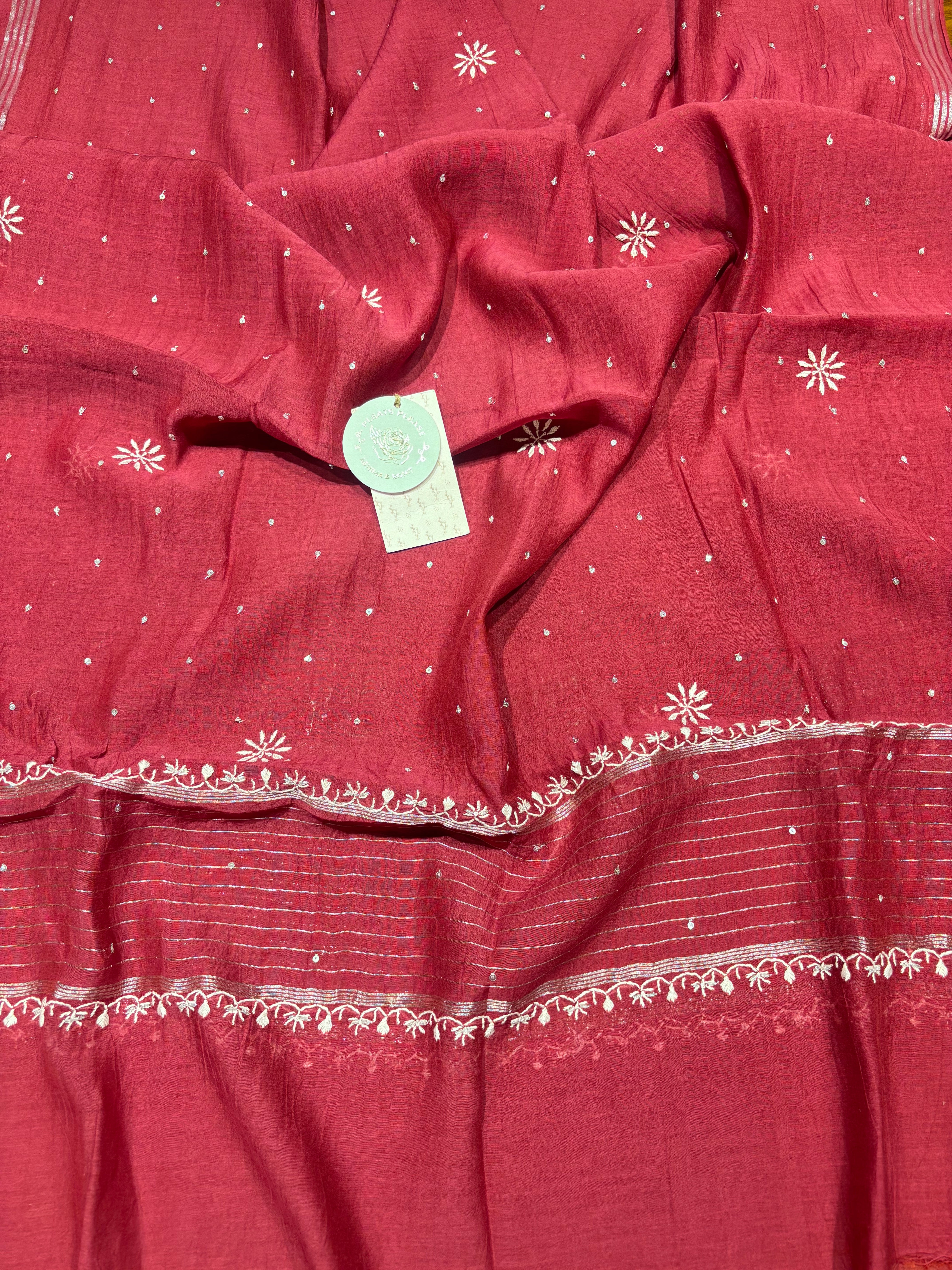 Beetroot Red Chanderi Mul Chikankari Kurta & Dupatta Set
