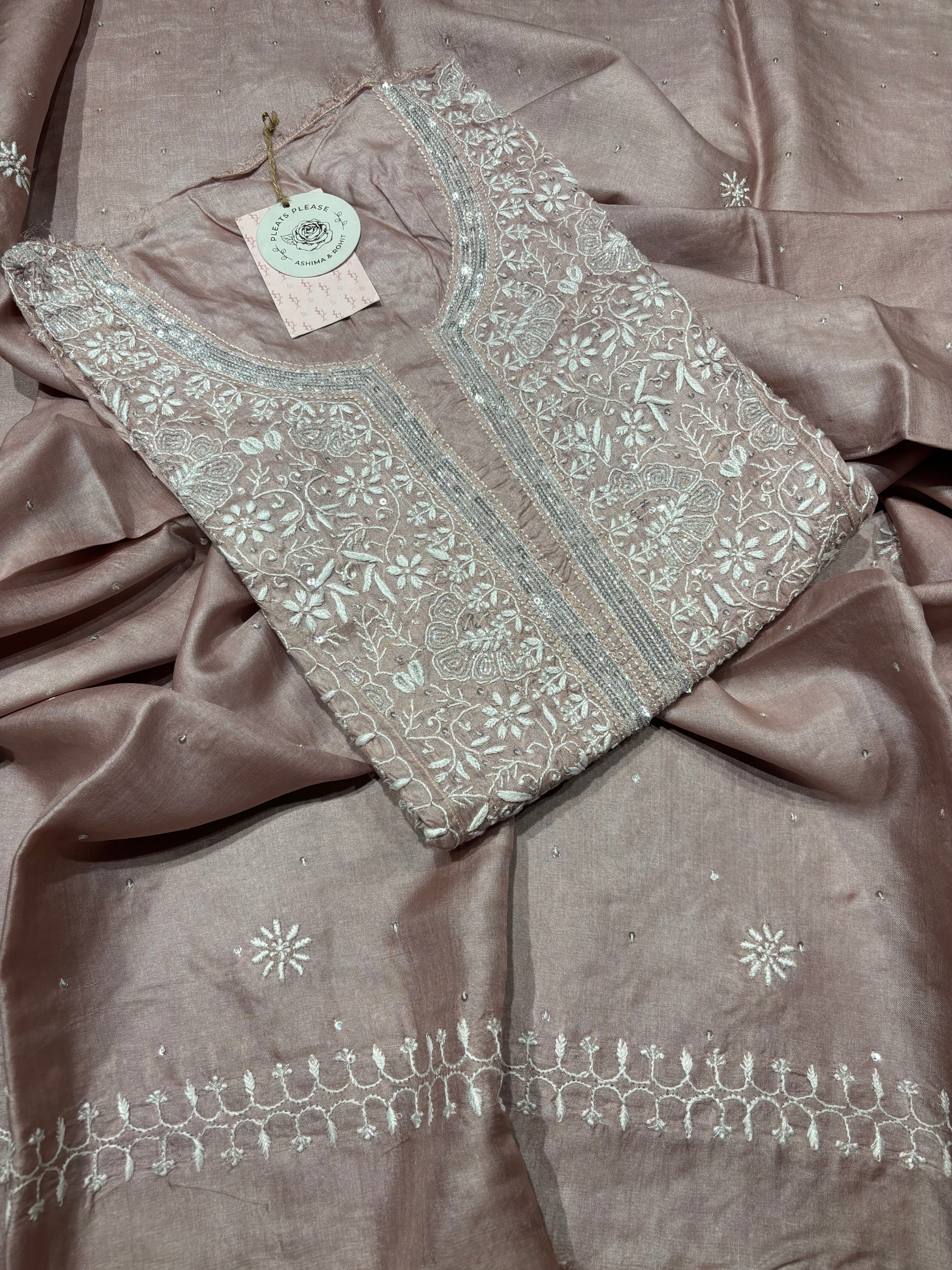 Rose Gold Tussar Silk Chikankari Kurta And Dupatta Set