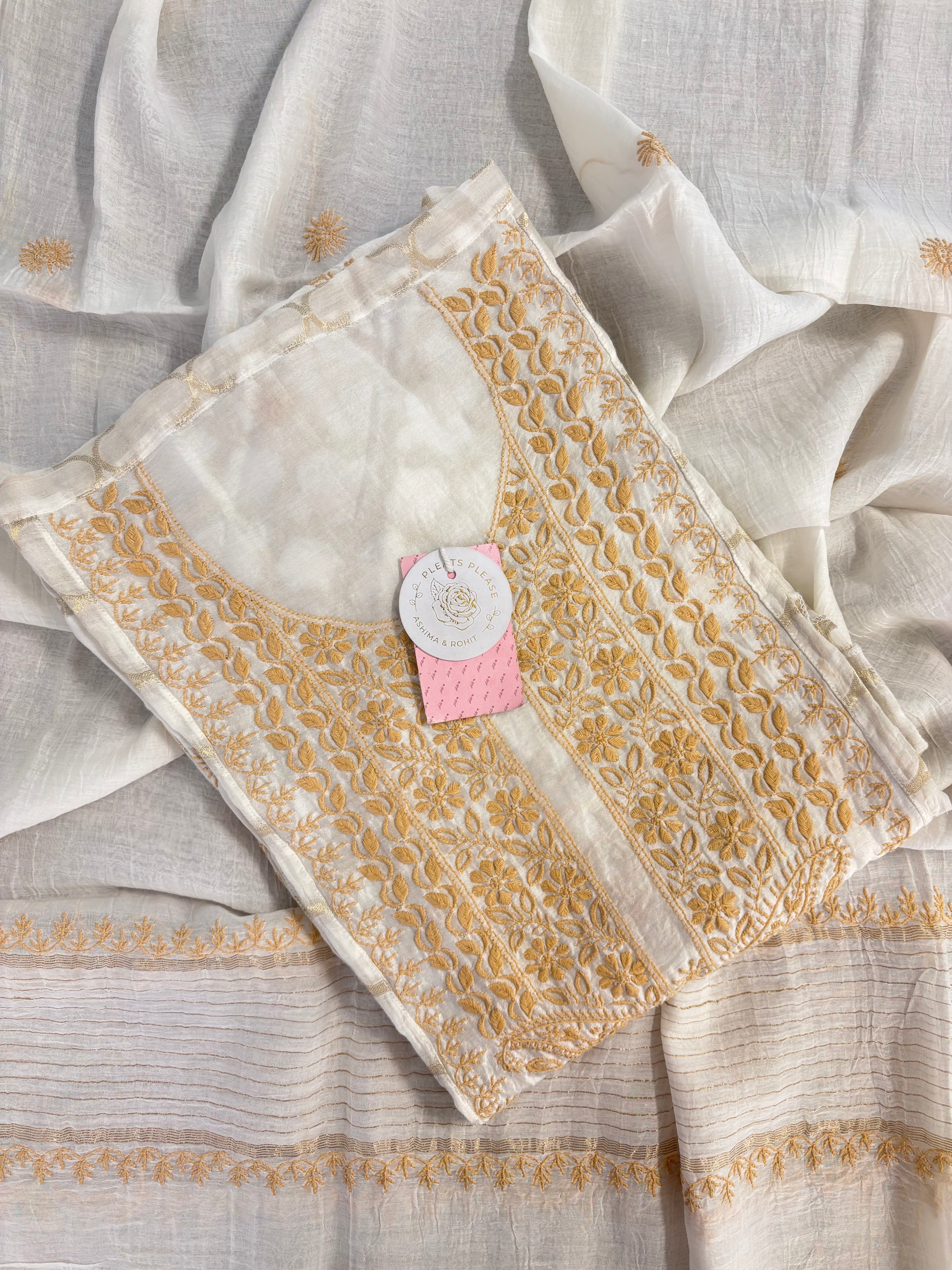 Dyeable Pure Chanderi Chikankari Kurta & Dupatta
