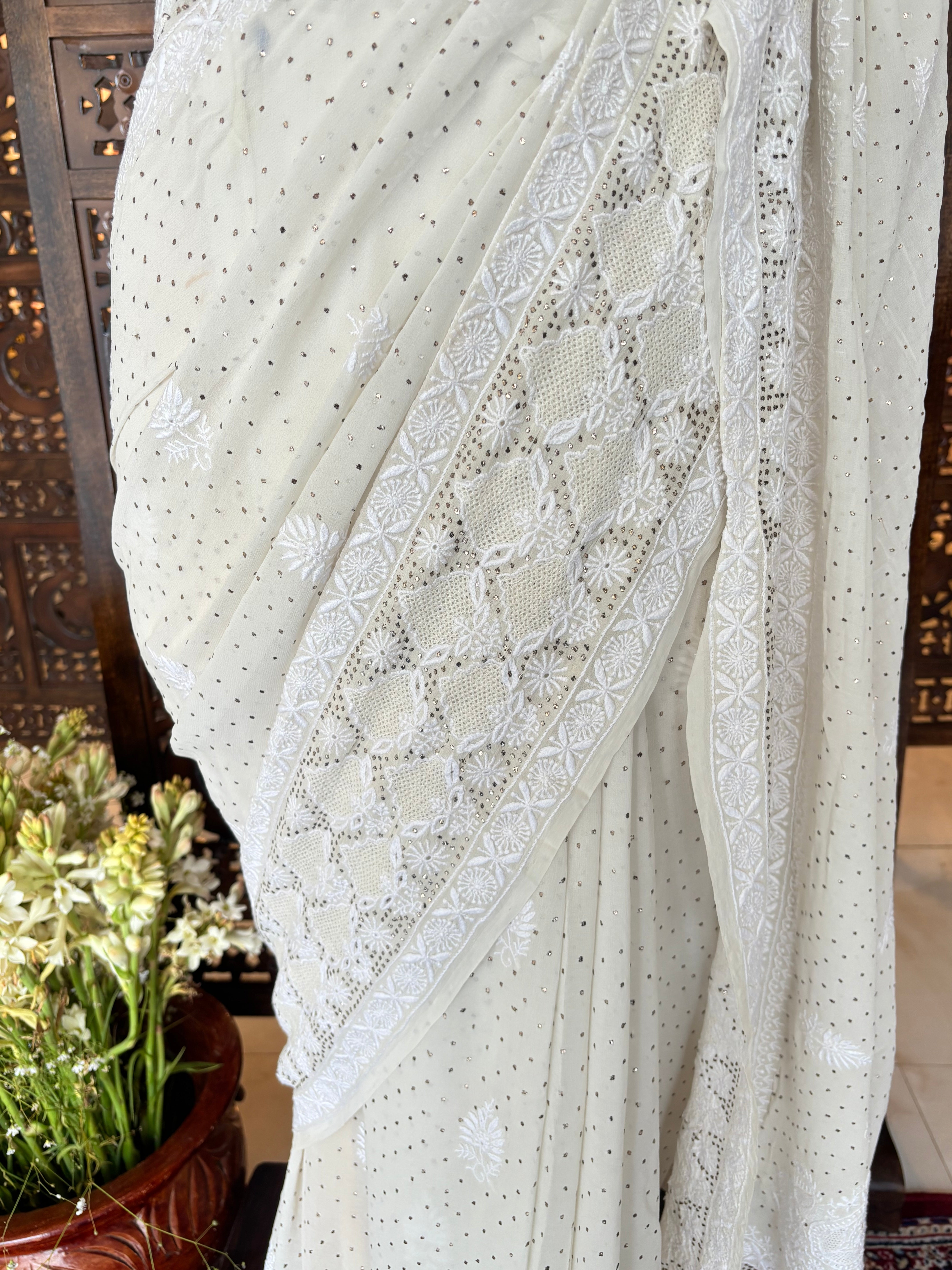 Dyeable Pure & Premium Georgette Mukaish Chikankari Saree