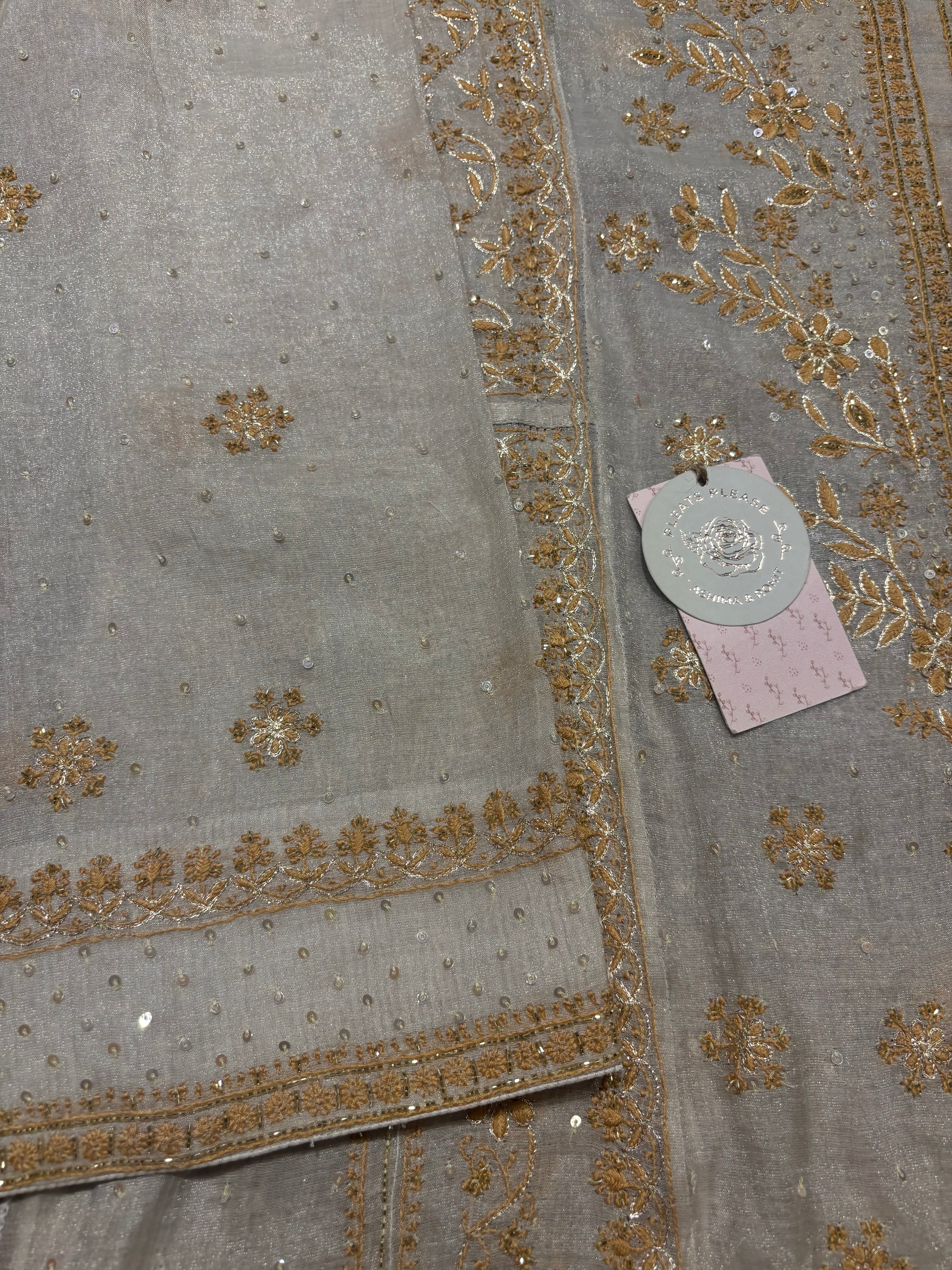 Dyeable Pure & Premium Silver Tissue Chikankari A- Line Anarkali & Dupatta Set