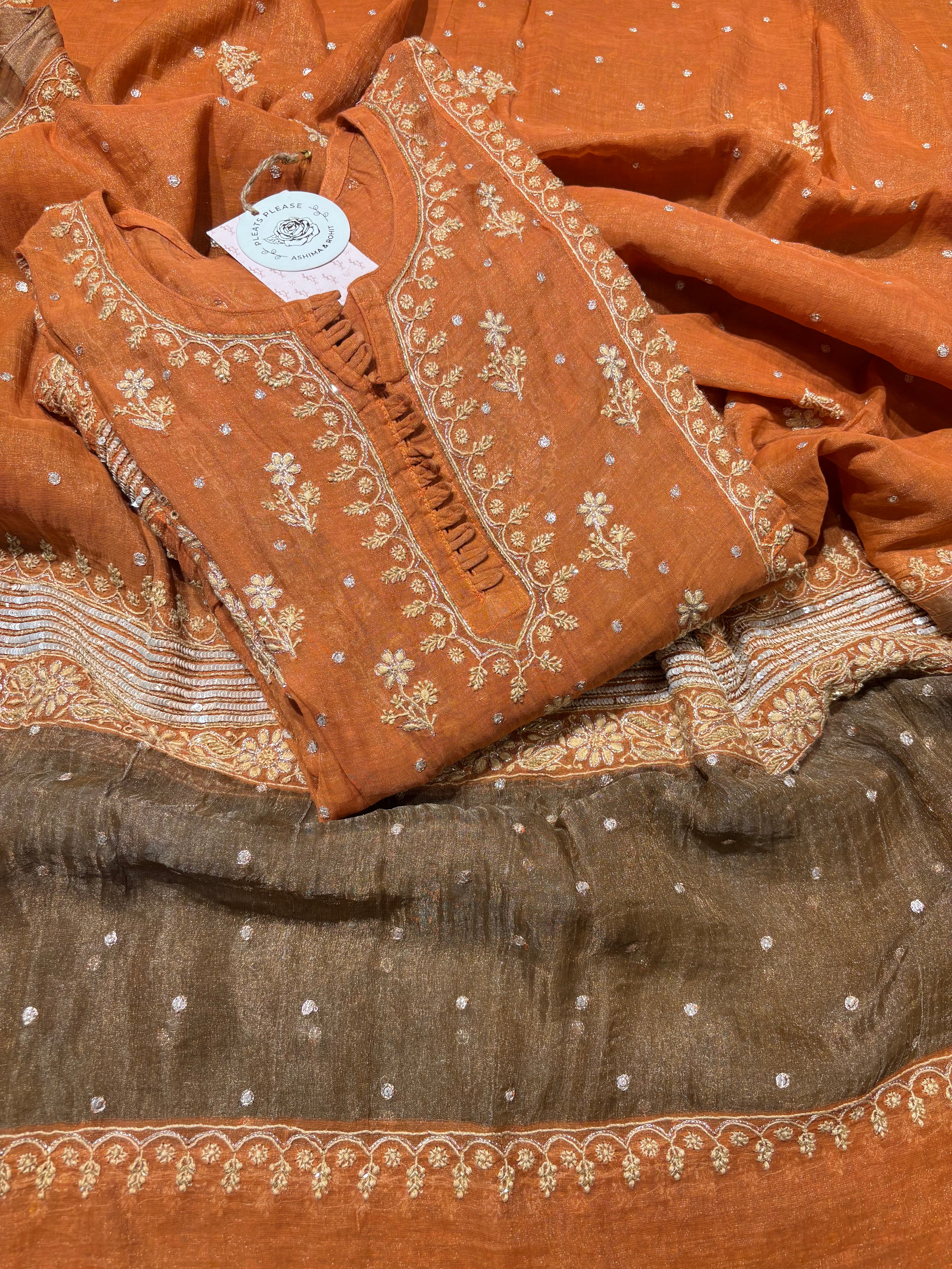 Burnt Orange Pure And Premium Tissue Chikankari Anarkali, Dupatta And Bottom