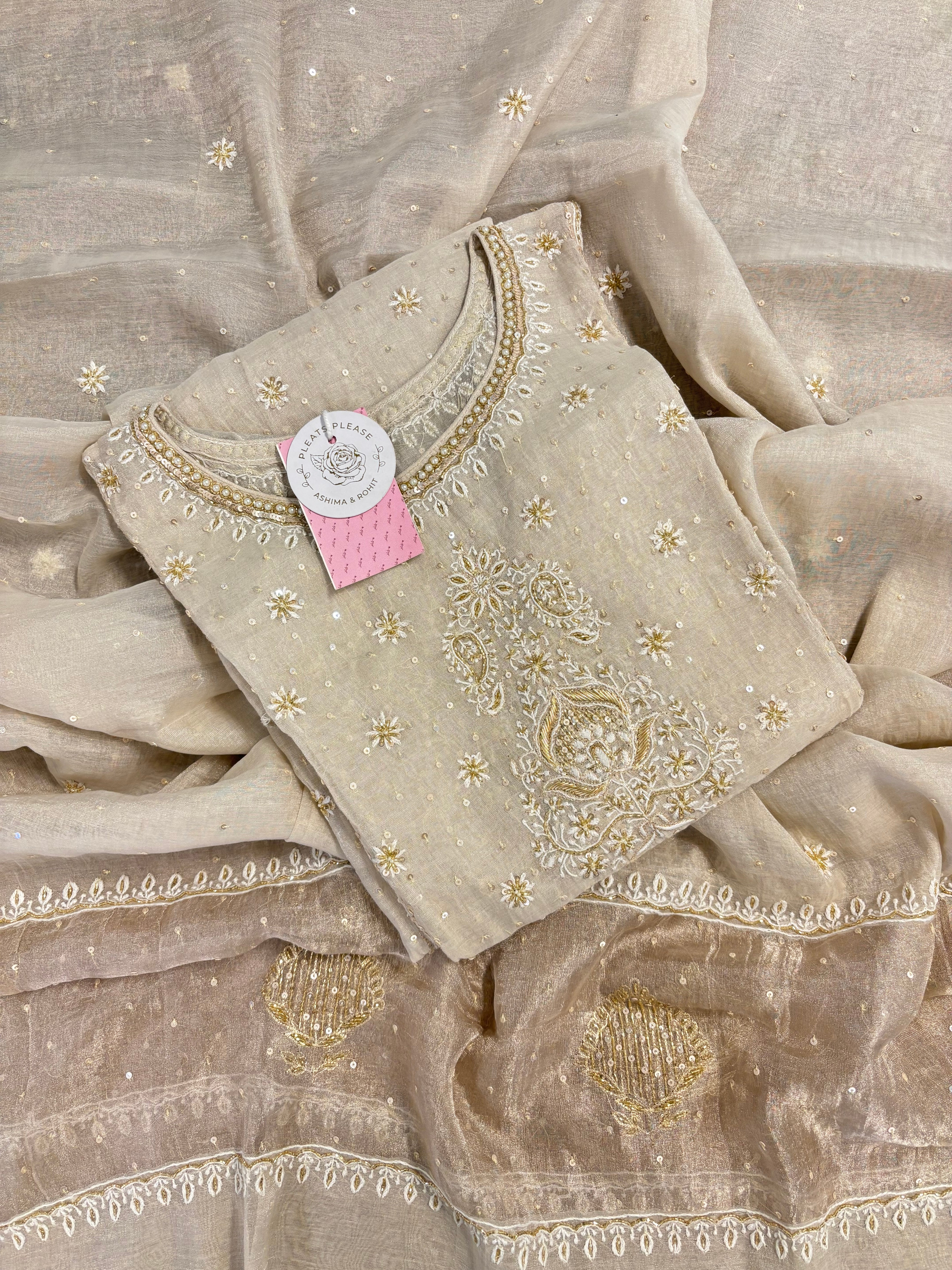 Dyeable Pure Silver Tissue Chikankari Kurta & Dupatta