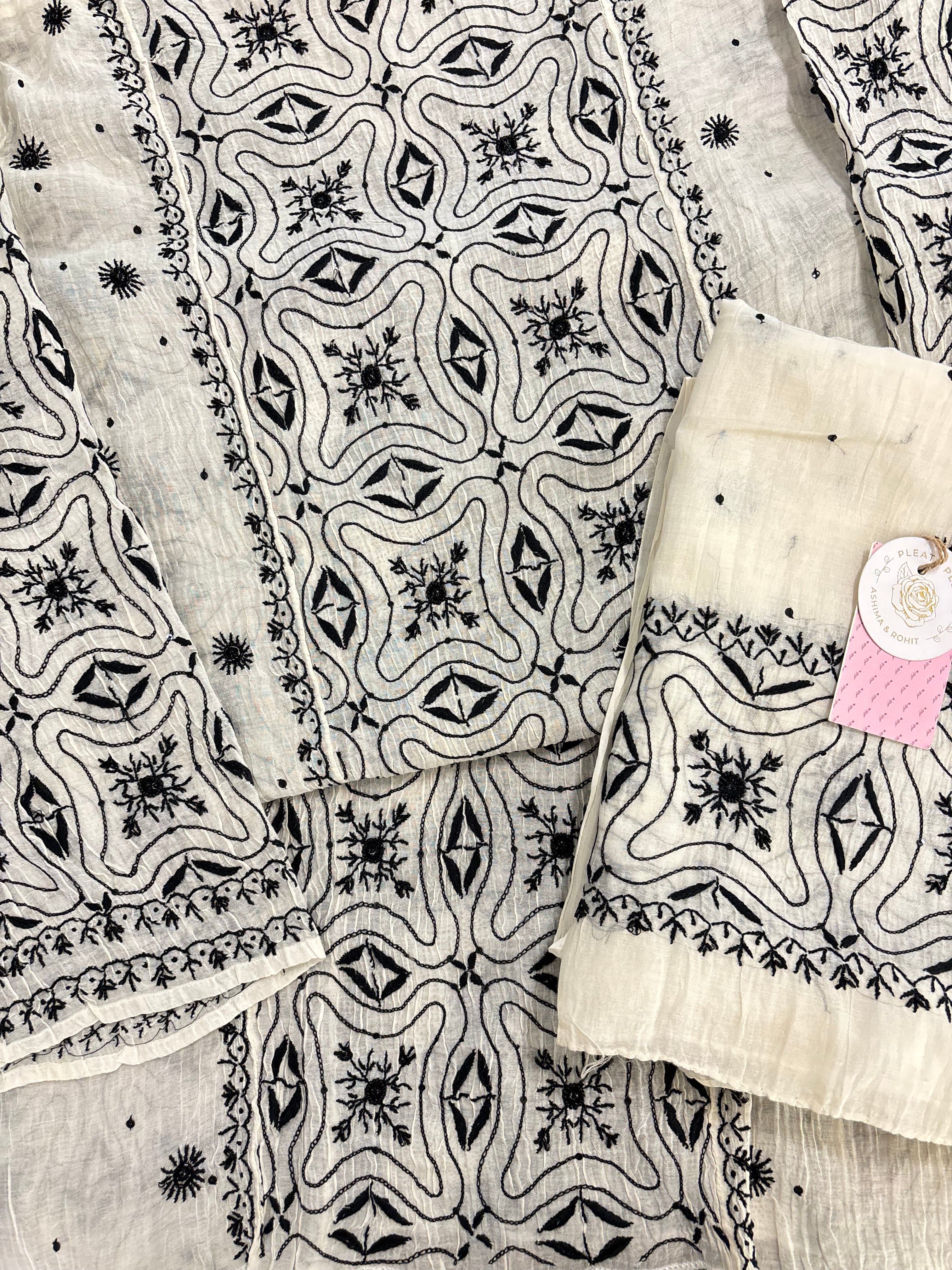 Dyeable Chanderi Black & White Chikankari Kurta & Dupatta
