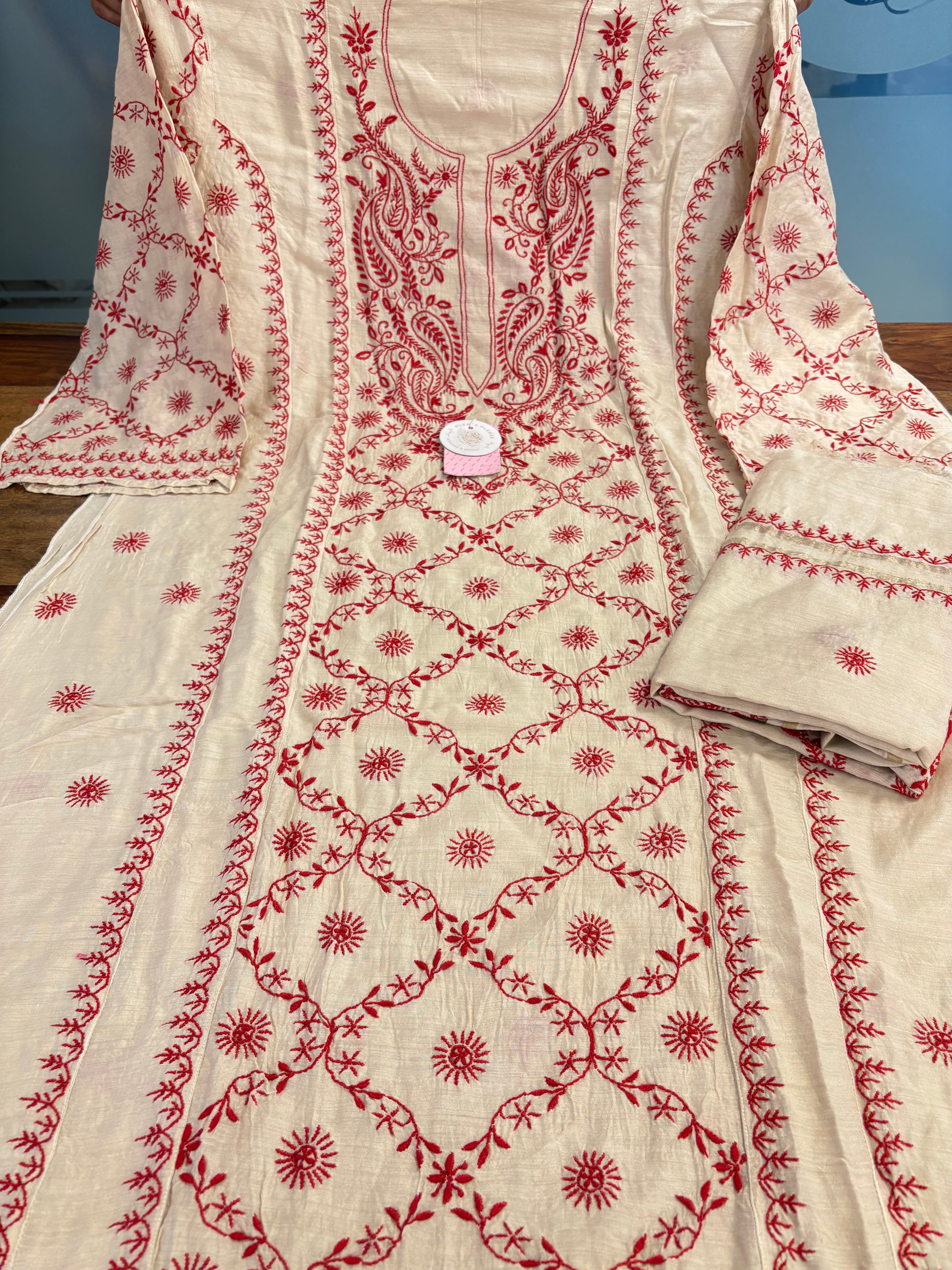 Dyeable Munga Silk Chikankari Kurta & Dupatta Set