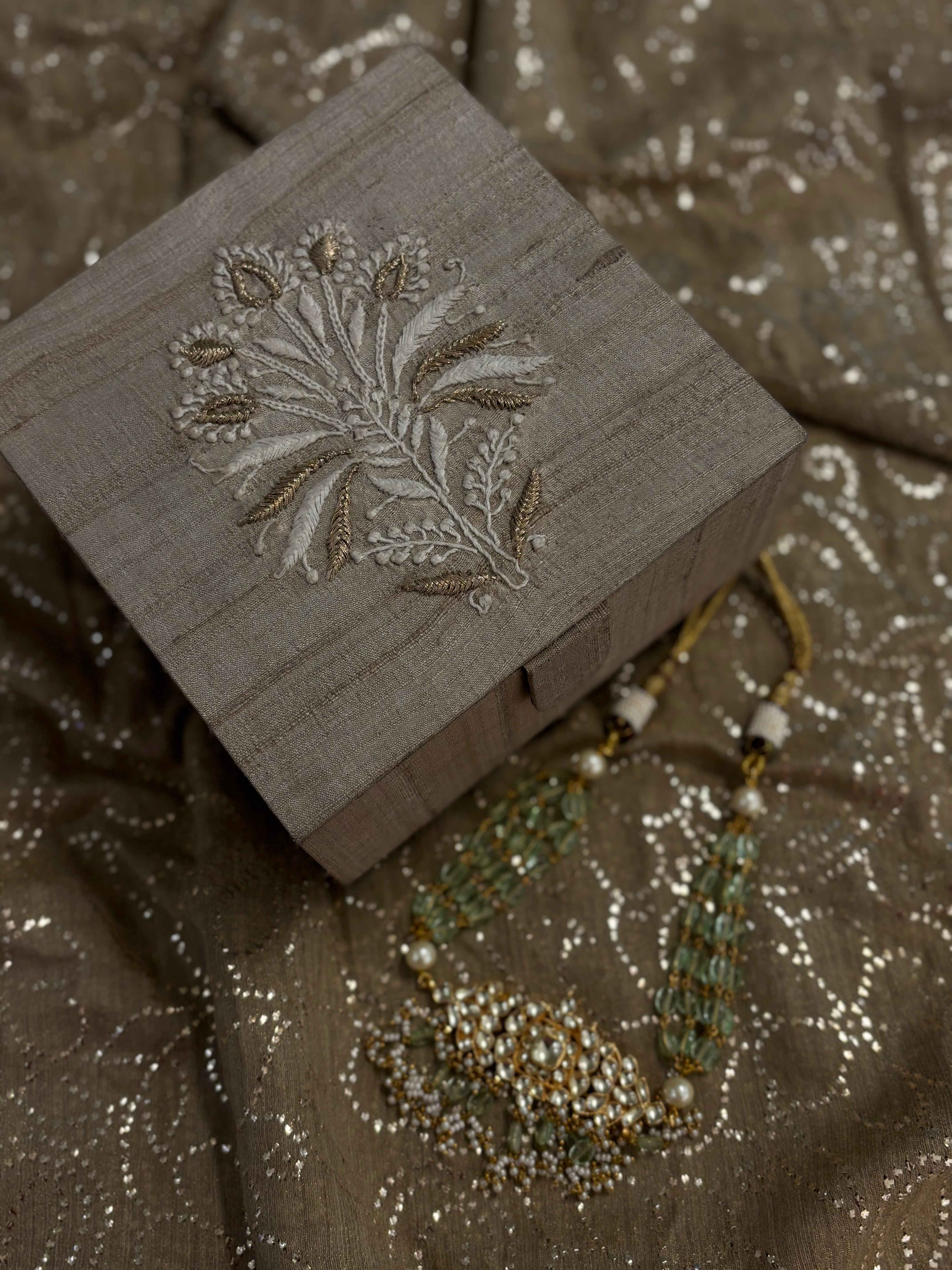 Silk Natural Chikankari Jewellery Box