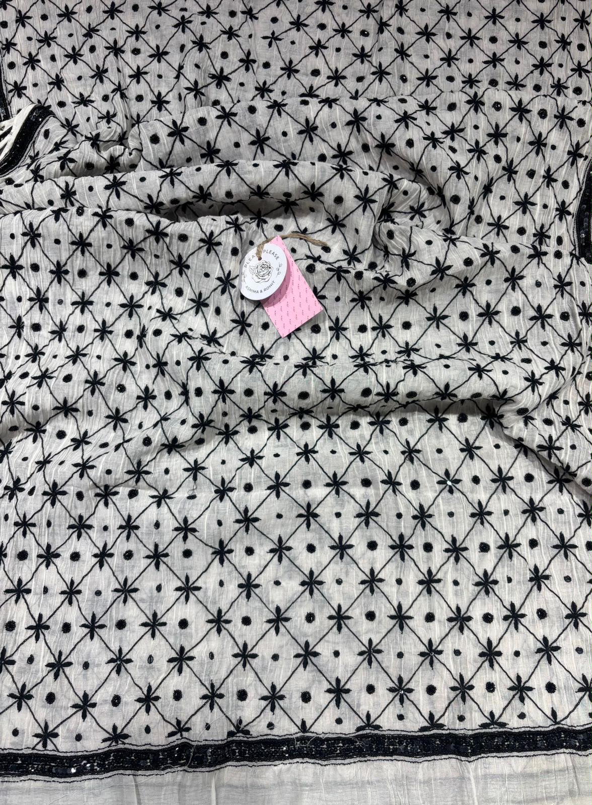 Dyeable  Black & White Chanderi Mul Chikankari Kurta & Dupatta