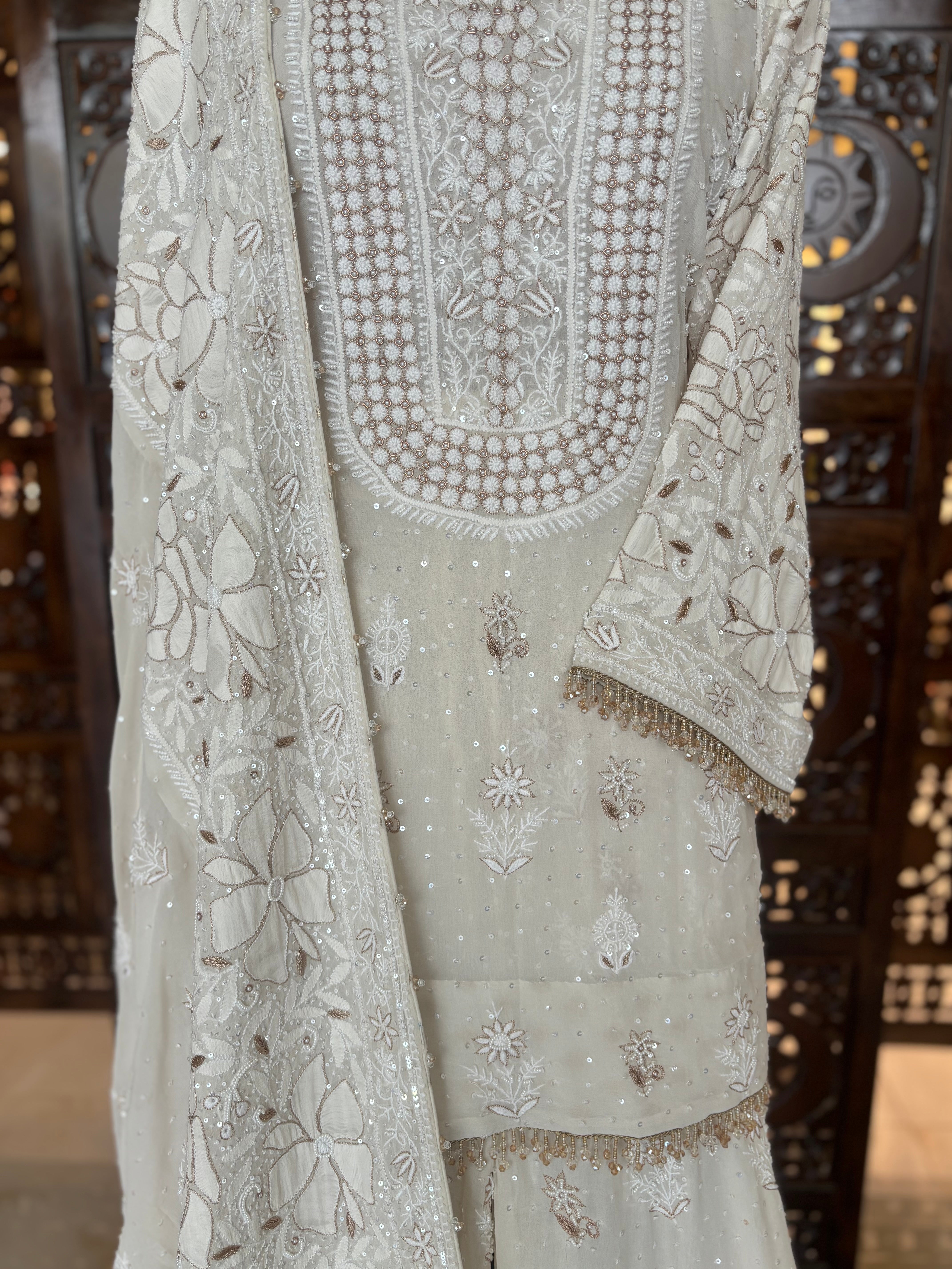 Dyeable Pure & Premium Georgette Chikankari Kurta & Dupatta With Sharara