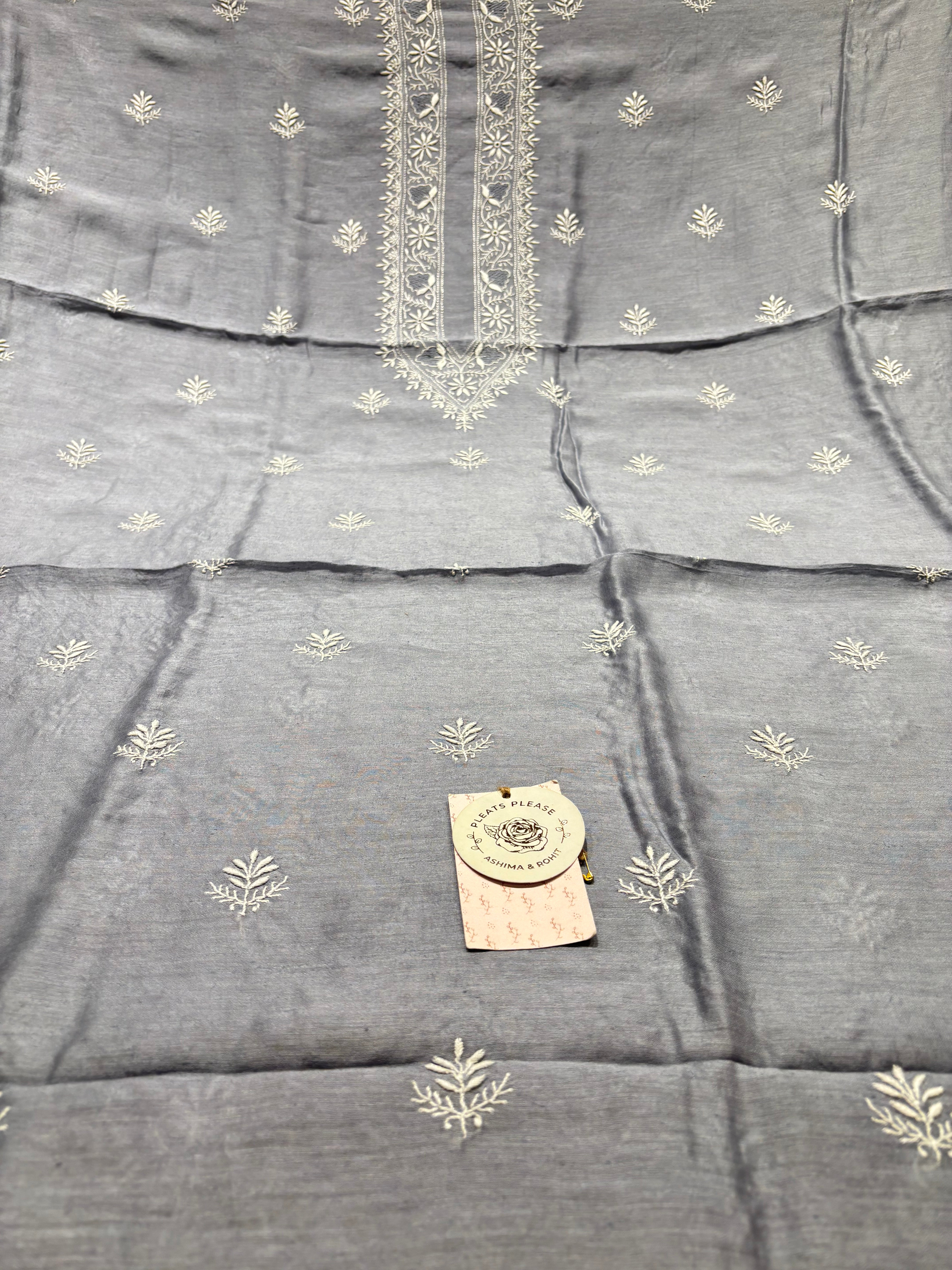 Greyish Blue Linen Chikankari Men’s Kurta Fabric