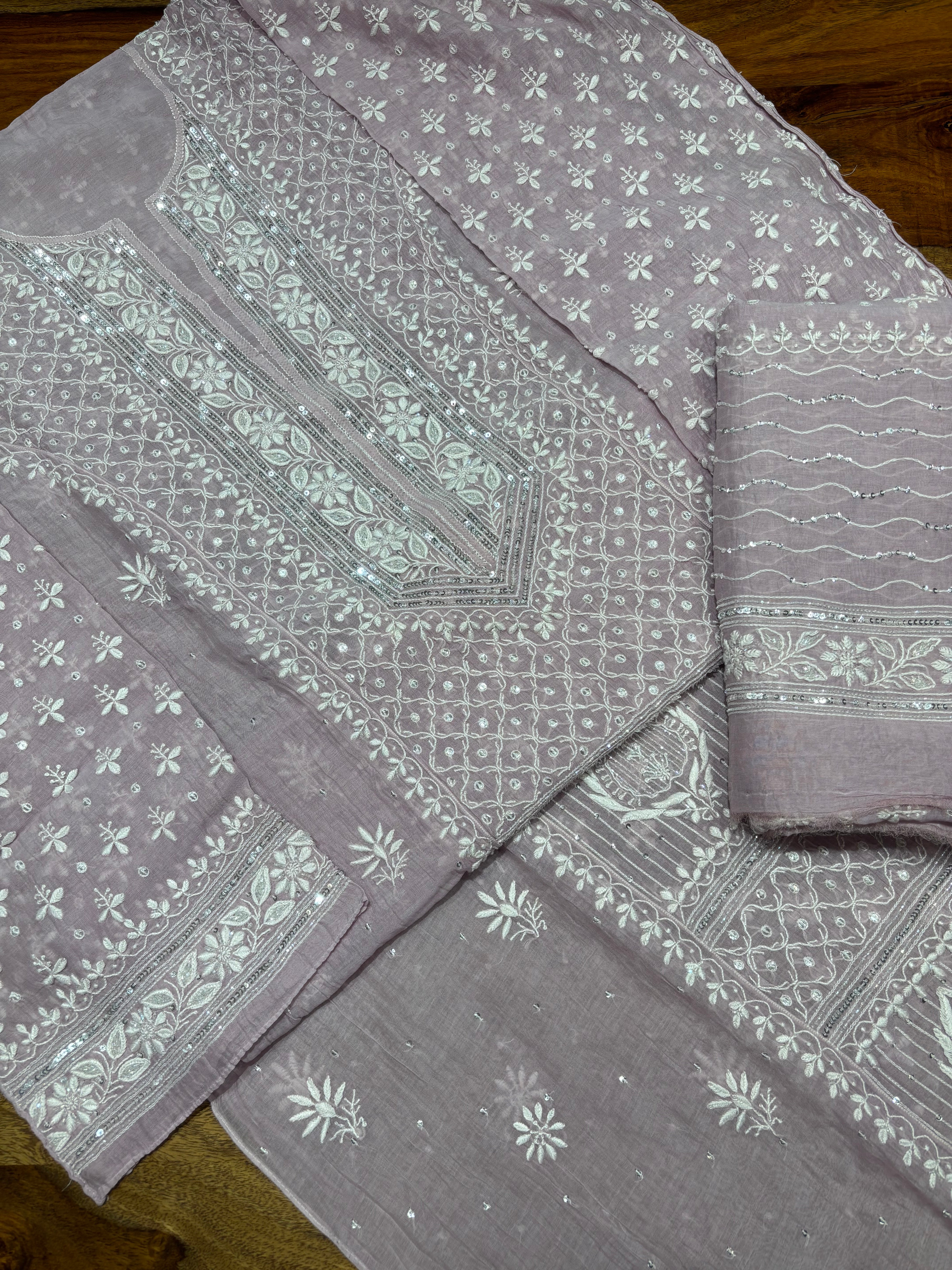 Lavender Chanderi Mul Chikankari  Kurta & Dupatta Set