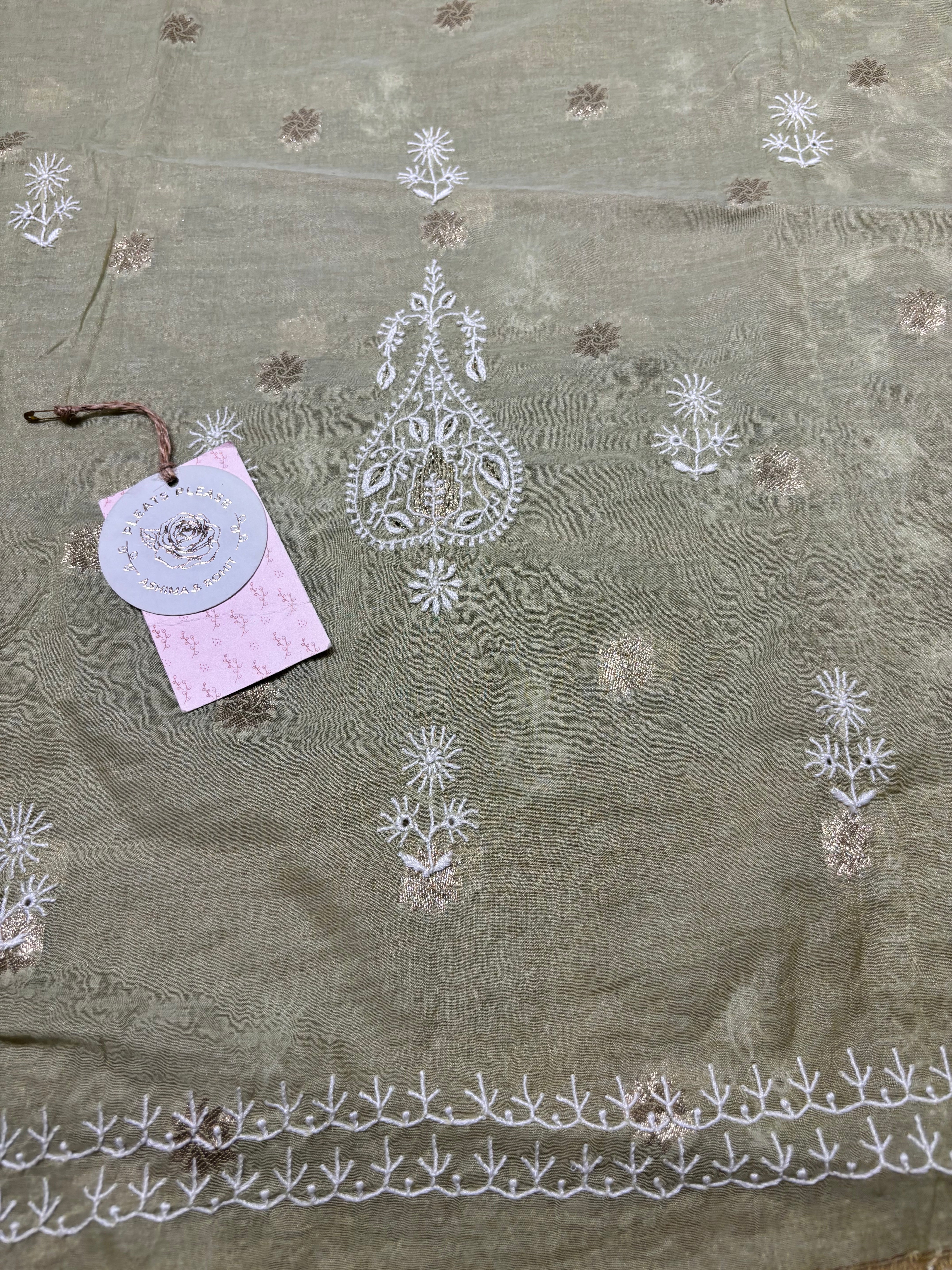 Green Chanderi silk Chikankari Kurta and Dupatta Fabric
