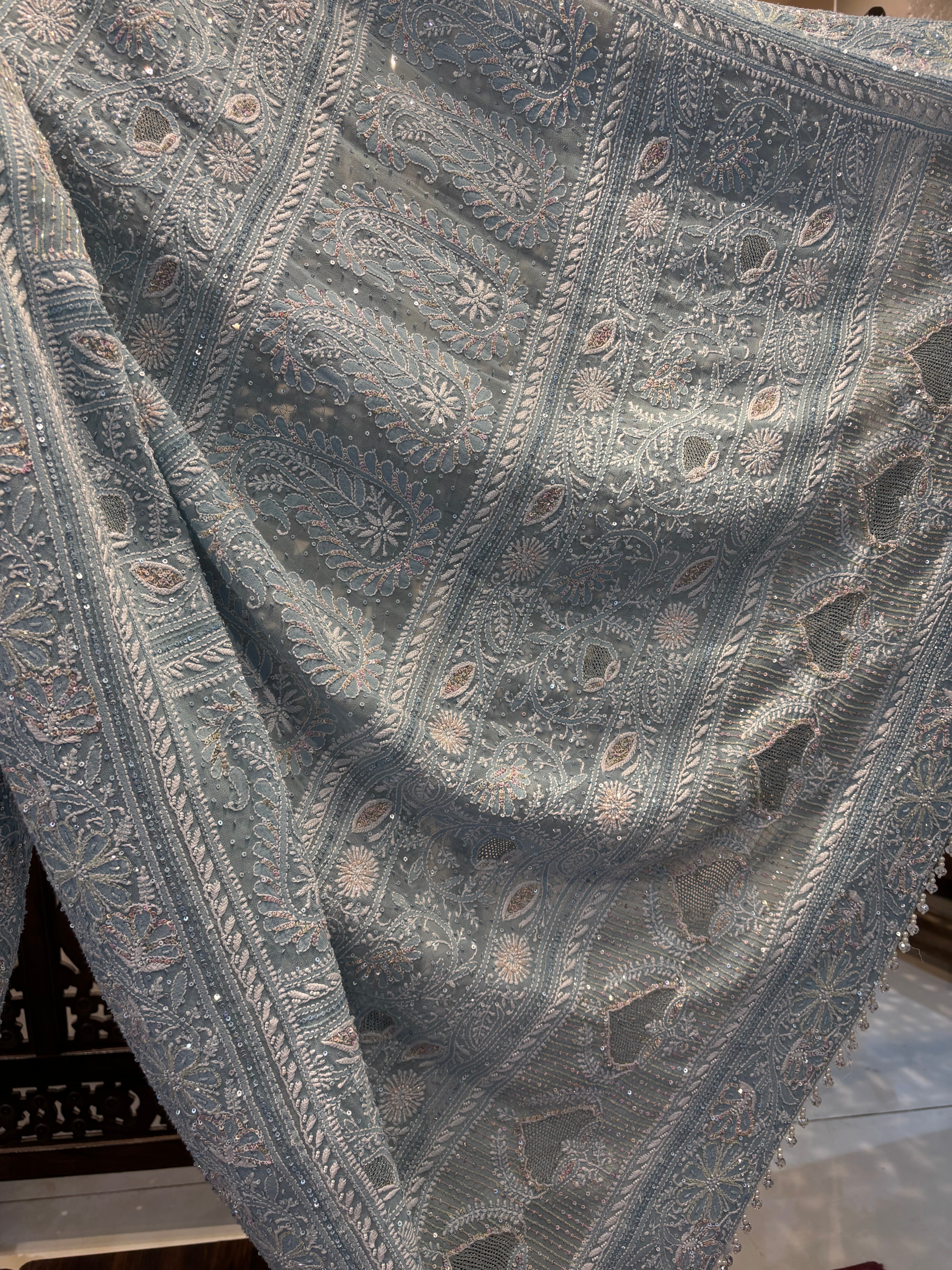 Ice-Blue Pure & Premium Georgette Chikankari Saree - Pleats PleaseChikankari