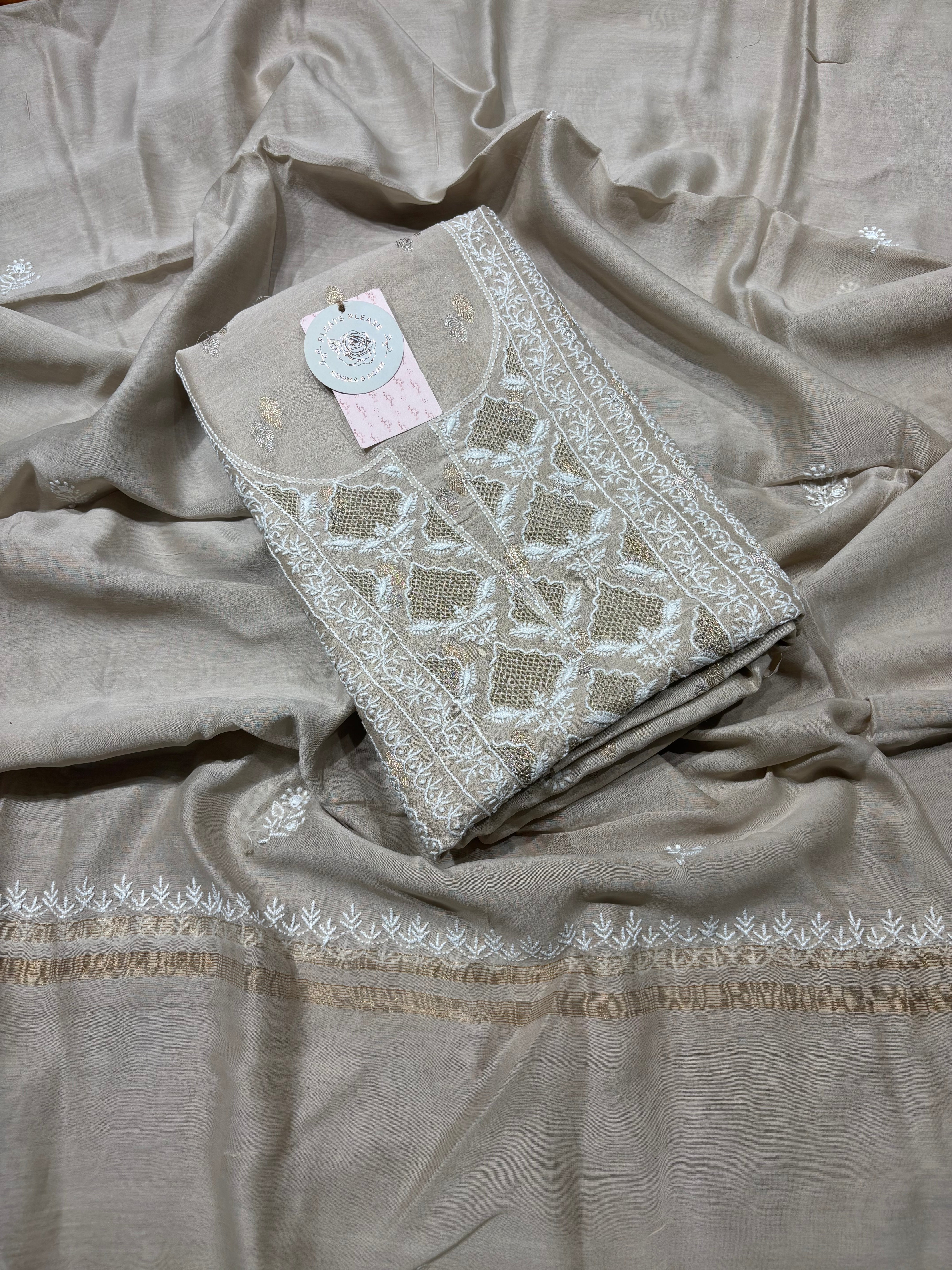 Coffee Creme Chanderi Silk Chikankari Kurta And Dupatta Fabric