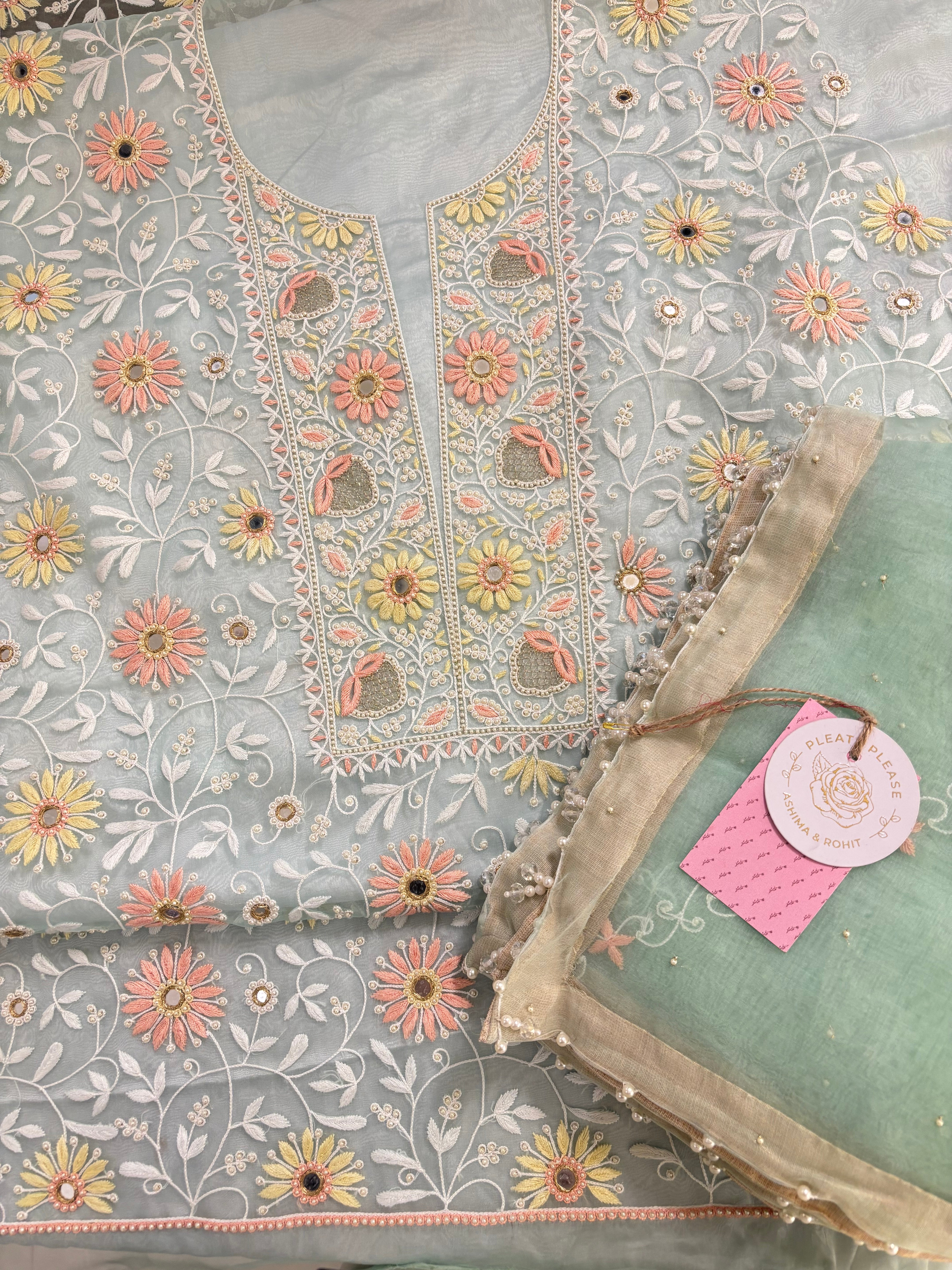 Sage Green Organza Mirror Chikankari Kurta & Dupatta