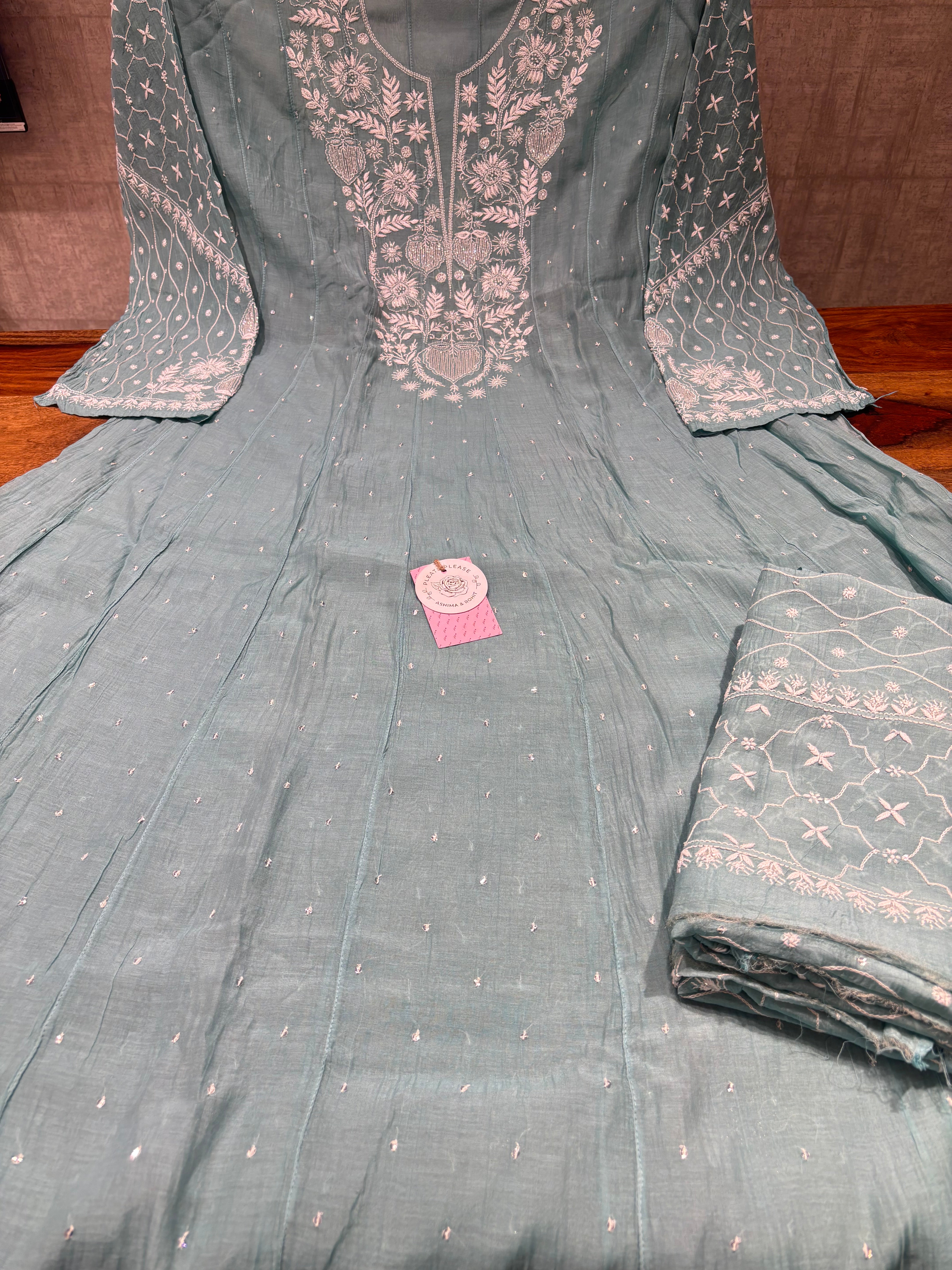 Turquoise Green Chanderi Mul Chikankari Anarkali & Dupatta Set