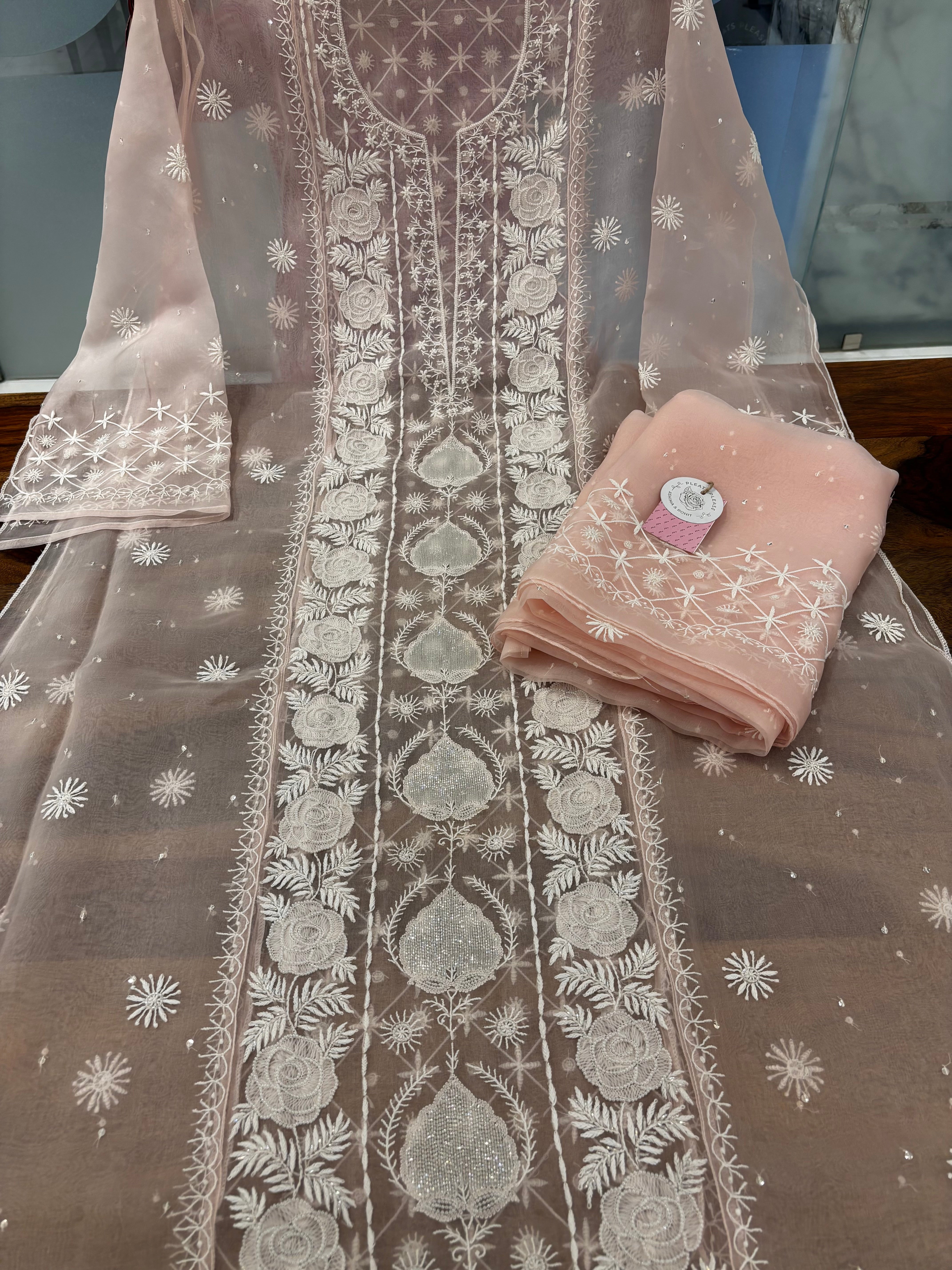 Baby Pink Pure Organza Chikankari Kurta & Dupatta - Pleats PleaseChikankari