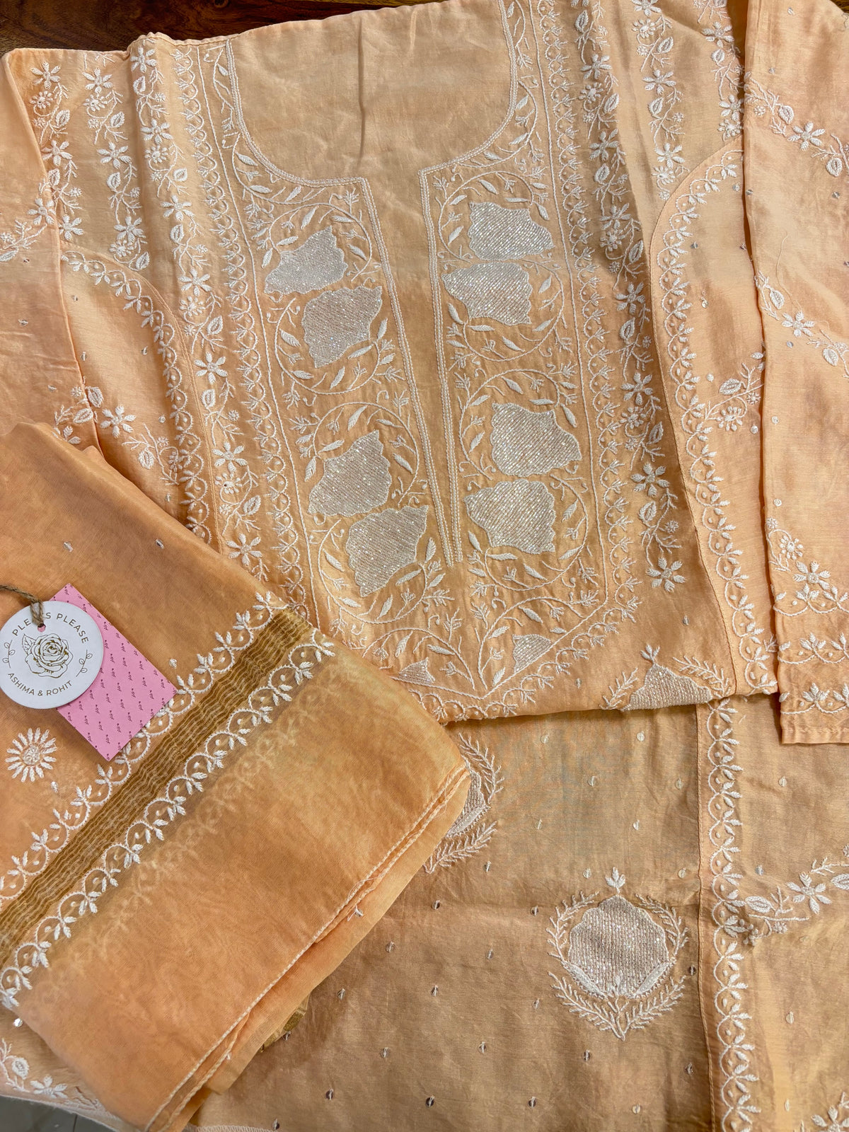 Gold Cream Chanderi Chikankari Kurta & Dupatta