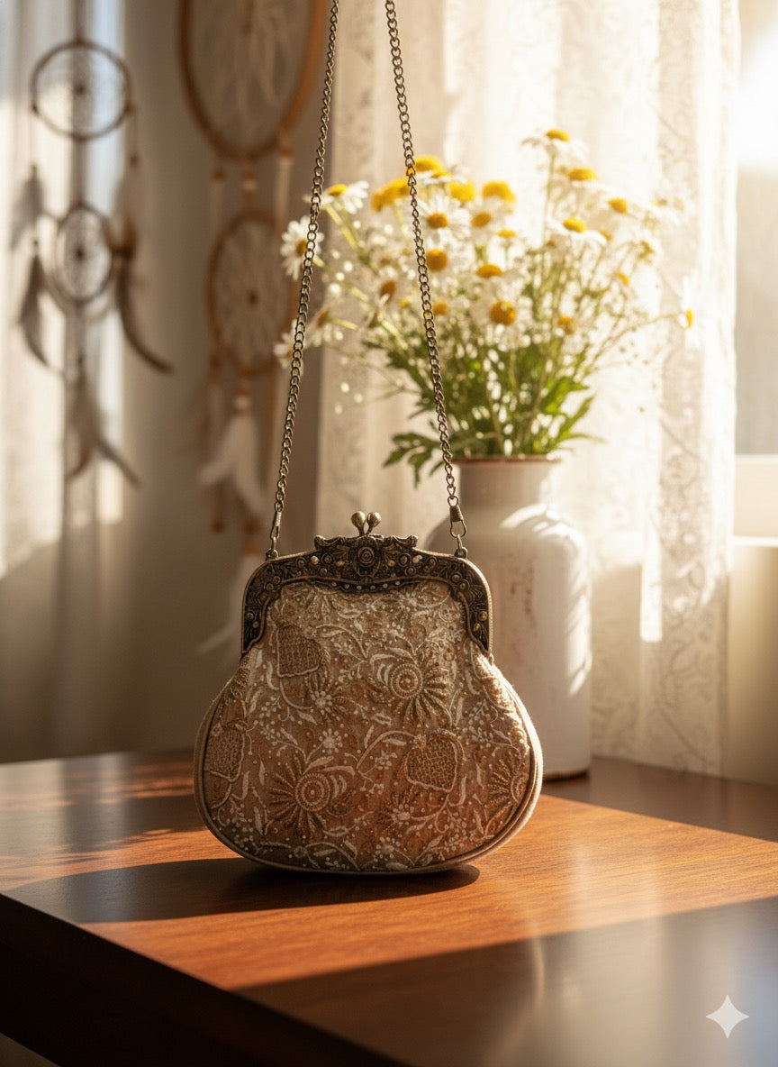 Beige Chikankari Clutch Bag