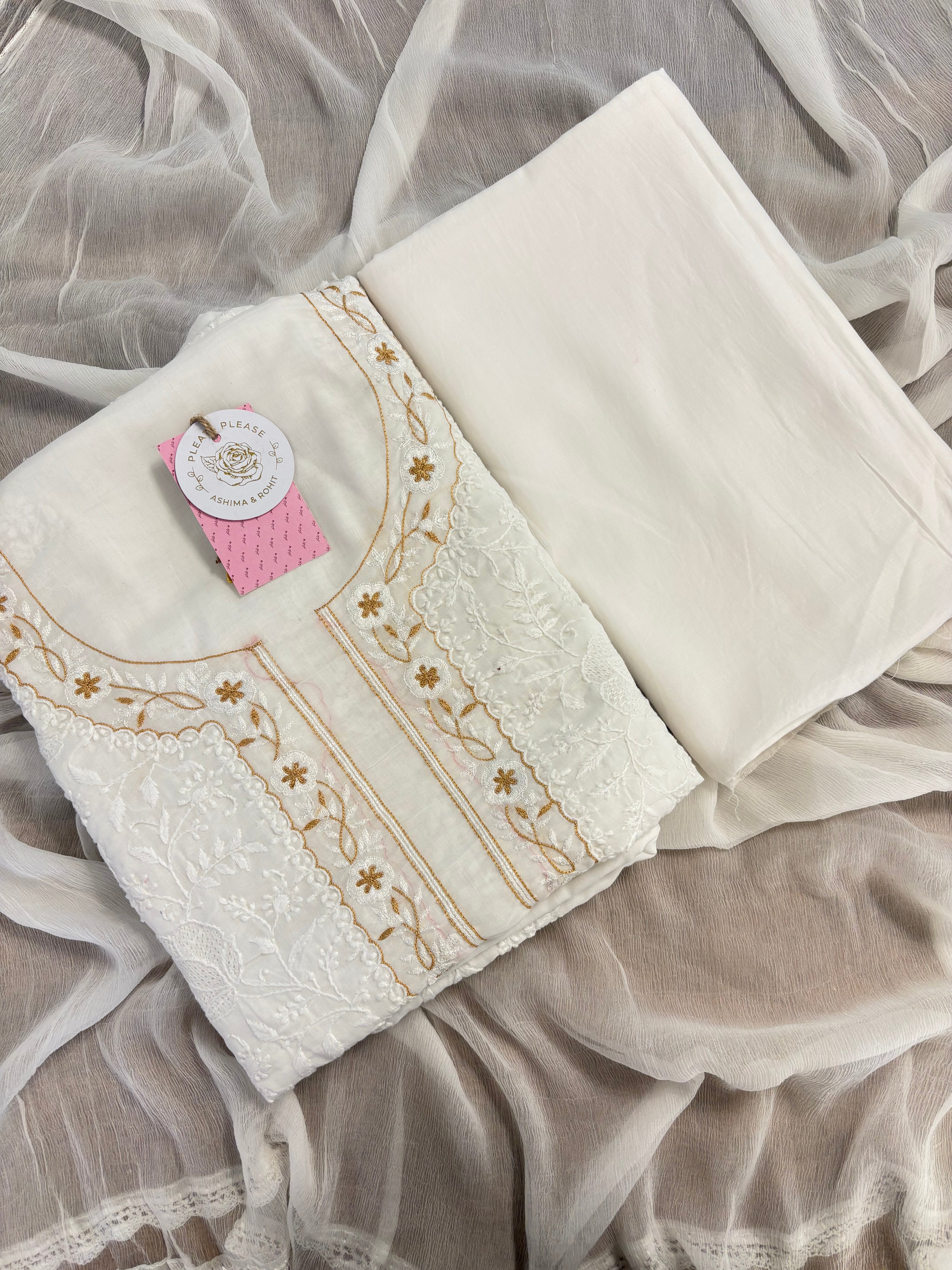 White Cotton Chikankari Kurta, Dupatta With Bottom