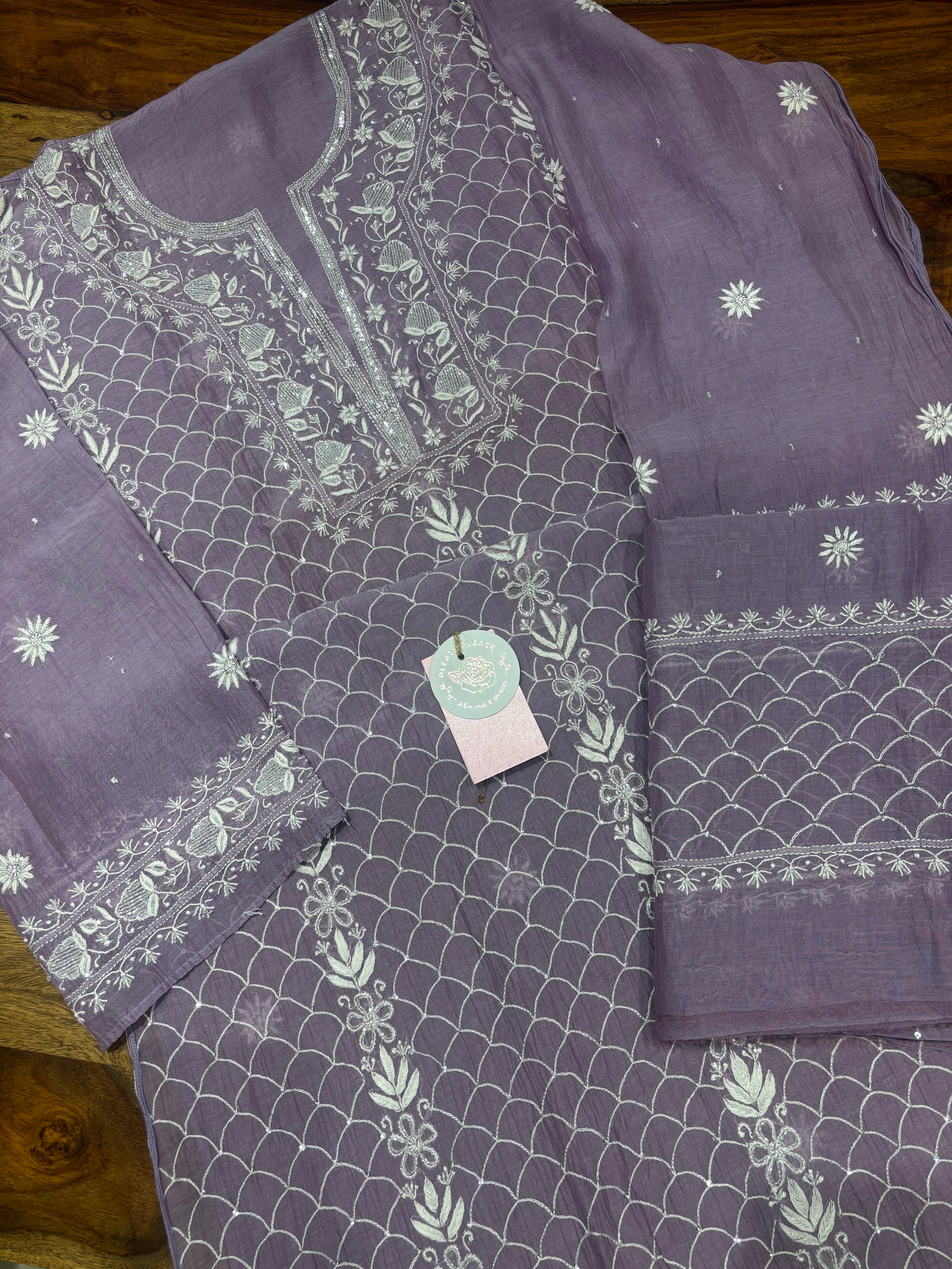 Lilac Chanderi Mul Chikankari Kurta & Dupatta Set